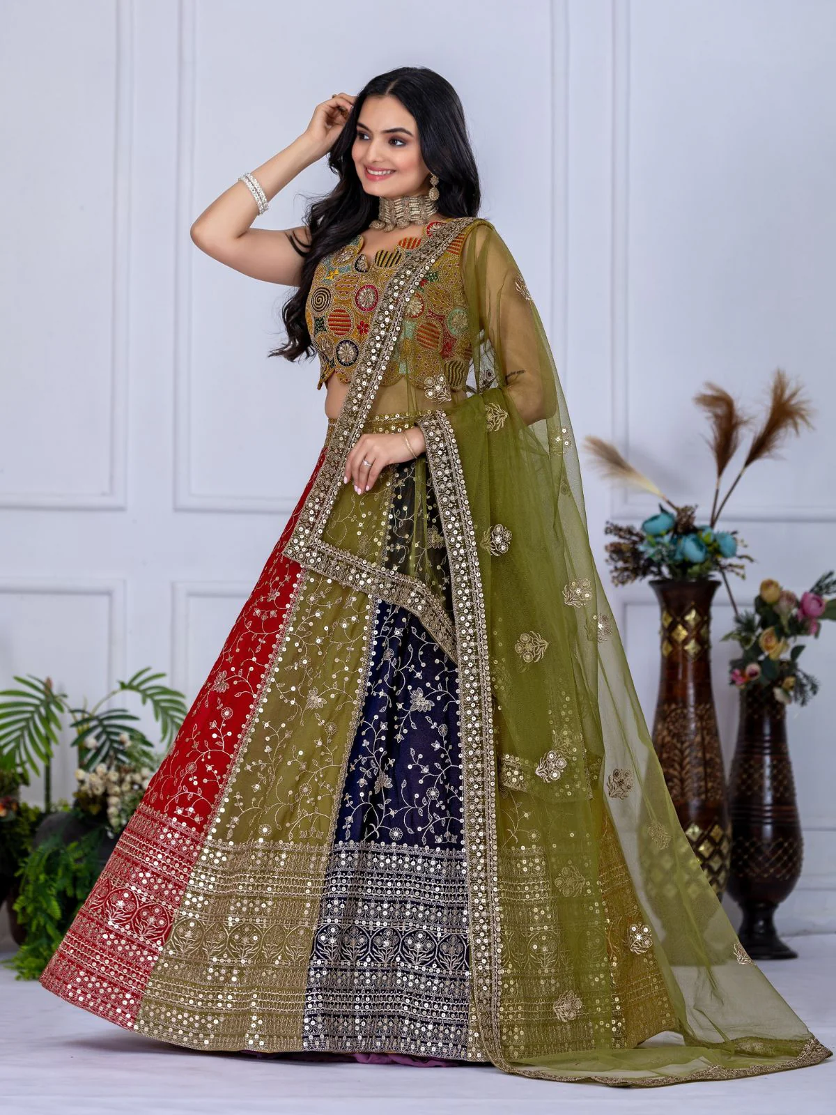 Odette Multicolor Georgette Embroidered Semi-Stitched lehenga For Women - Image 3