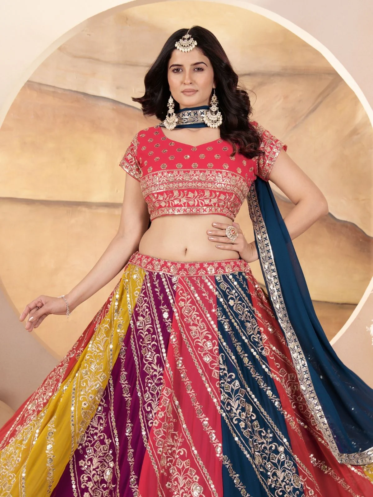 Odette Multicolor Georgette Embroidered Semi-Stitched lehenga For Women - Image 5