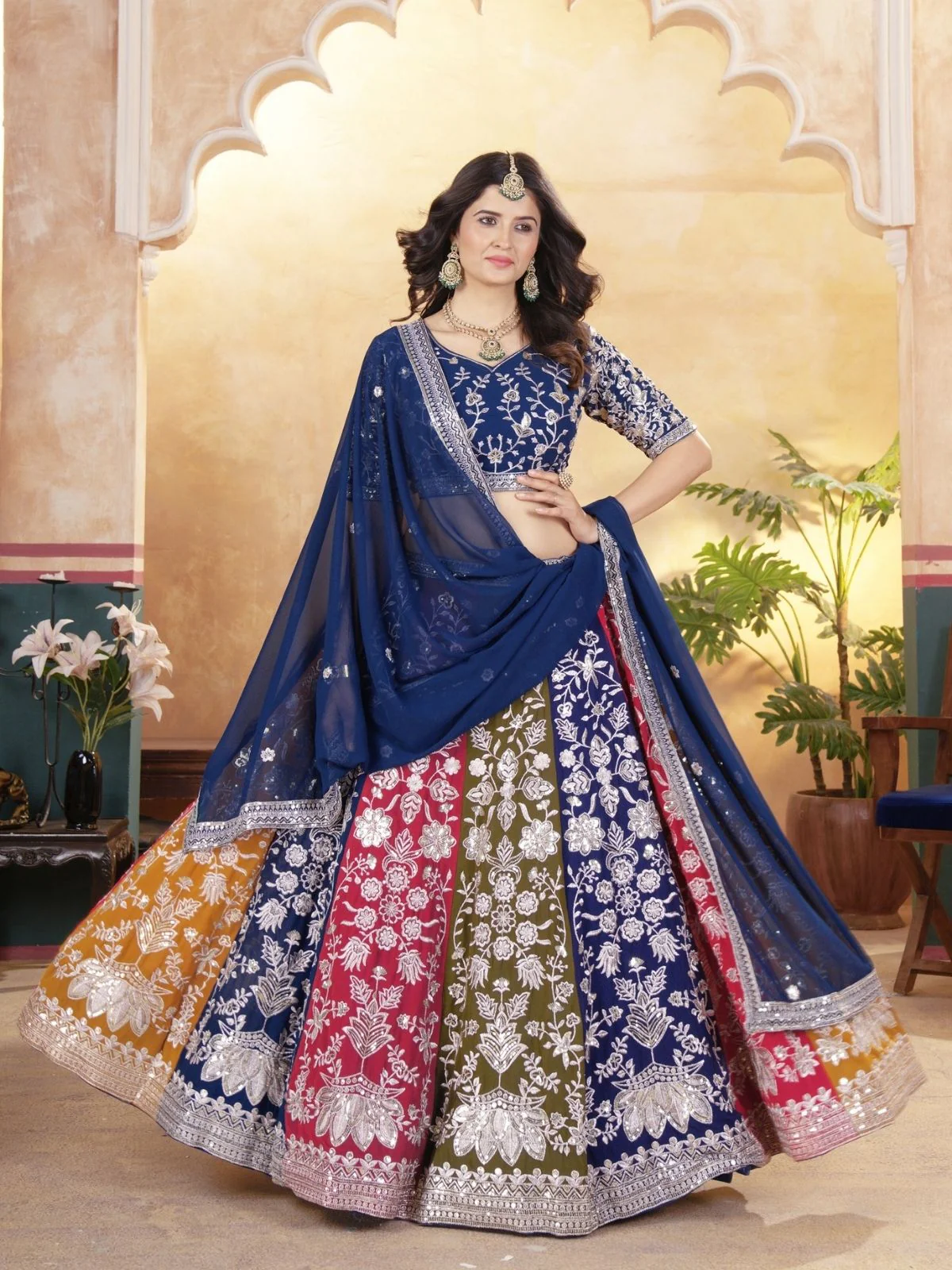 Odette Multicolor Georgette Embroidered Semi-Stitched lehenga For Women - Image 2