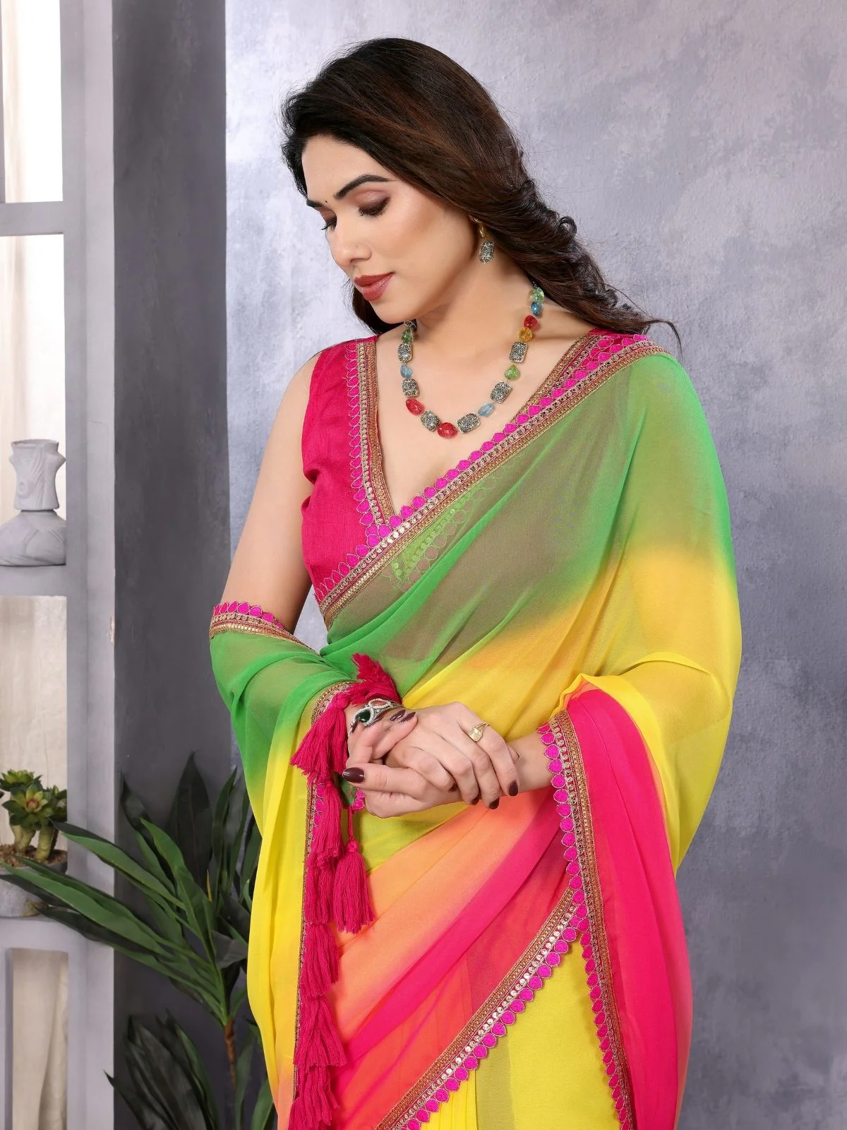 Odette Multicolor Georgette Lace Work Saree With Unstitched Blouse For Women - Image 3