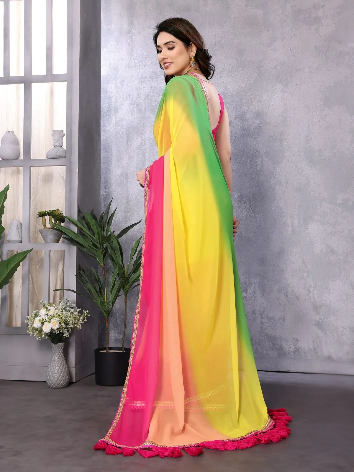 Odette Multicolor Georgette Lace Work Saree With Unstitched Blouse For Women - Image 4