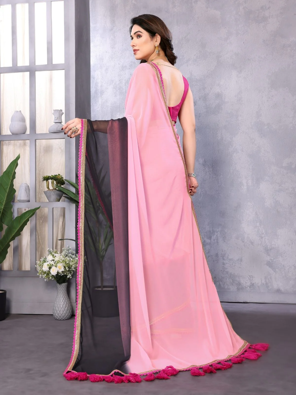 Odette Multicolor Georgette Plain Saree For Women - Image 3