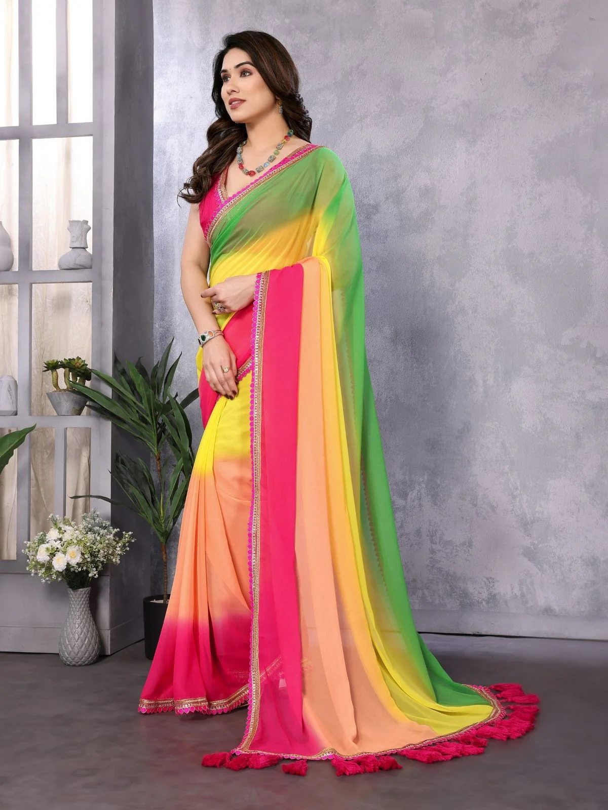 Odette Multicolor Georgette Plain Saree For Women - Image 2