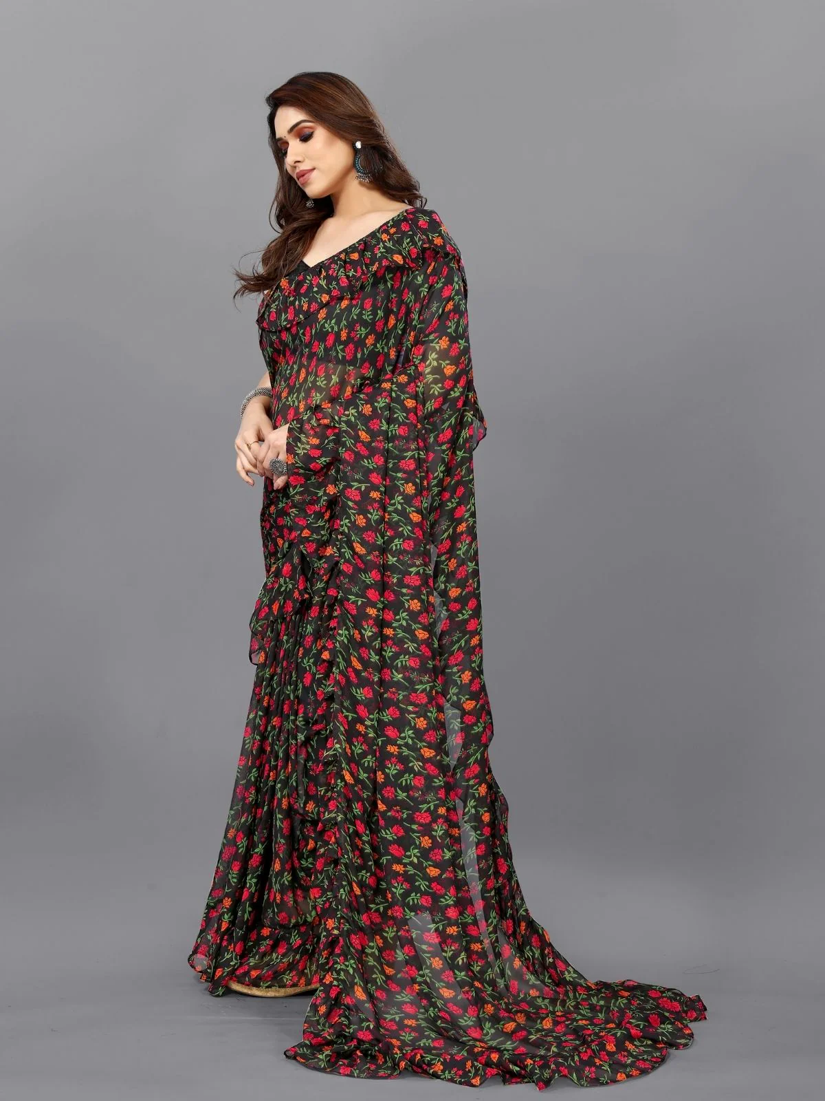 Odette Multicolor Georgette Printed And Ruffle Saree For Women - Image 2