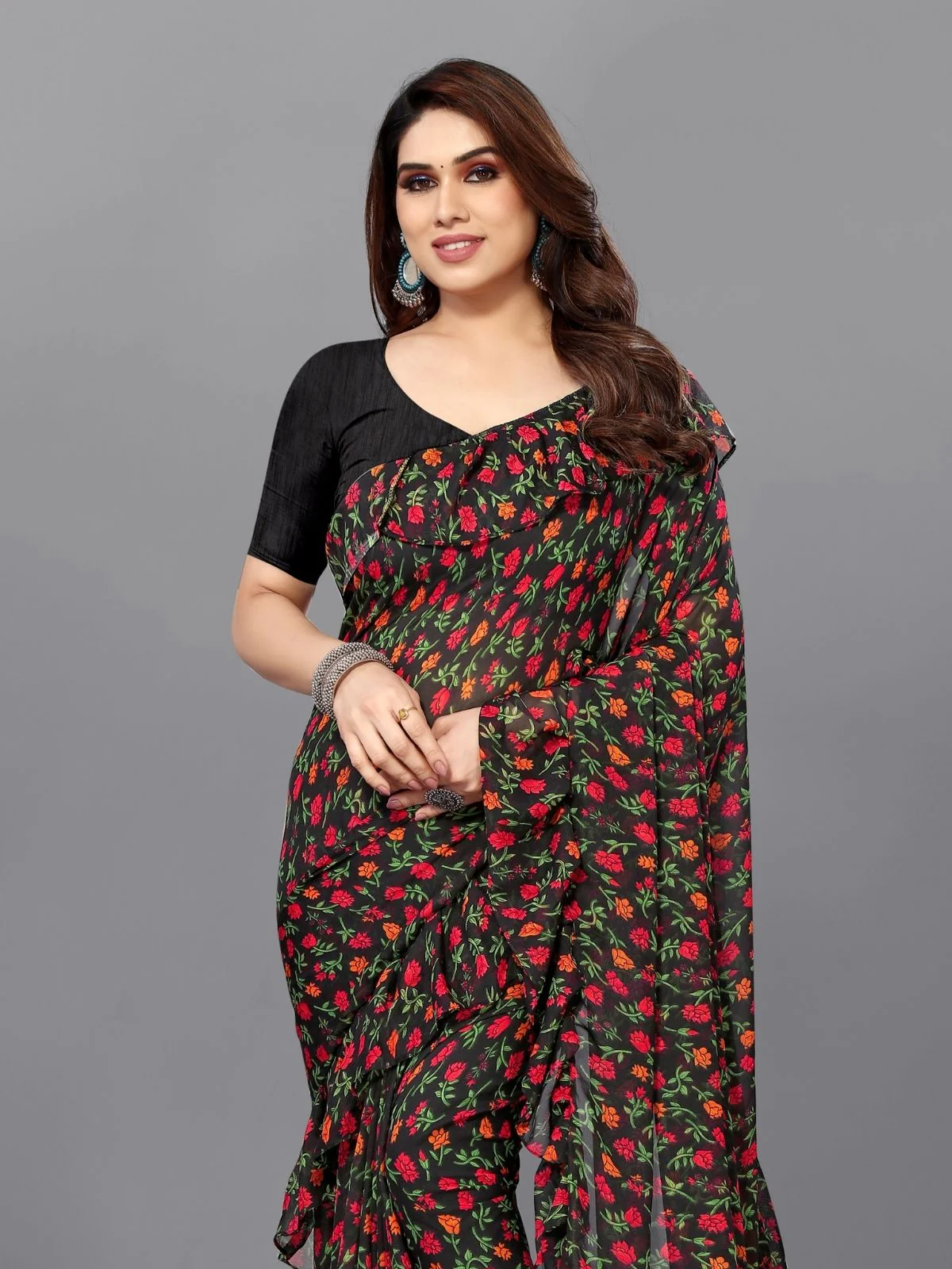 Odette Multicolor Georgette Printed And Ruffle Saree For Women - Image 4