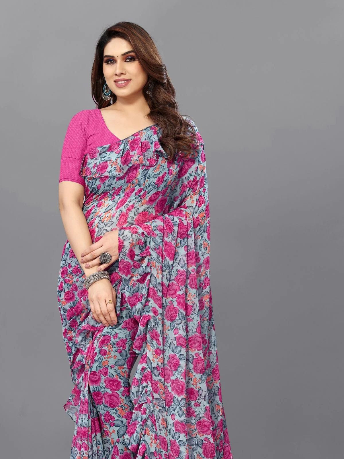 Odette Multicolor Georgette Printed And Ruffle Saree For Women - Image 4