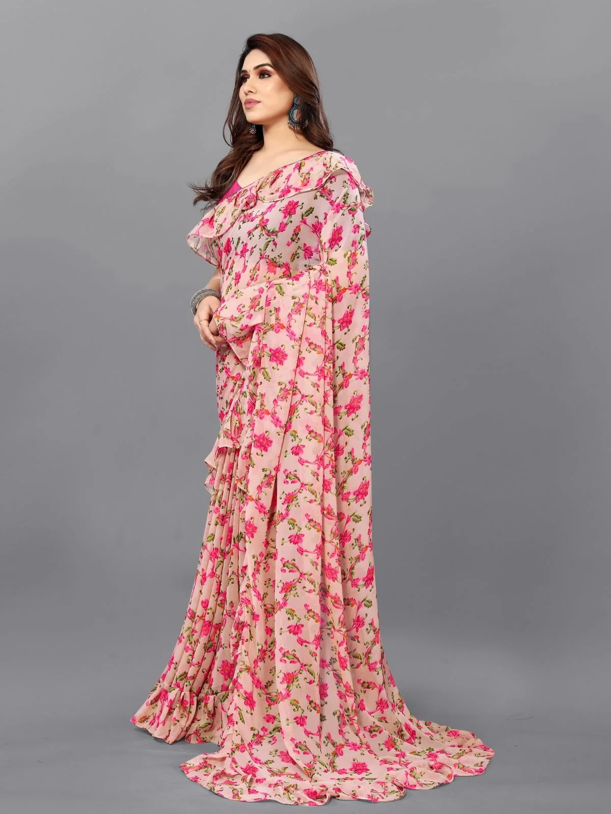 Odette Multicolor Georgette Printed And Ruffle Saree For Women - Image 2