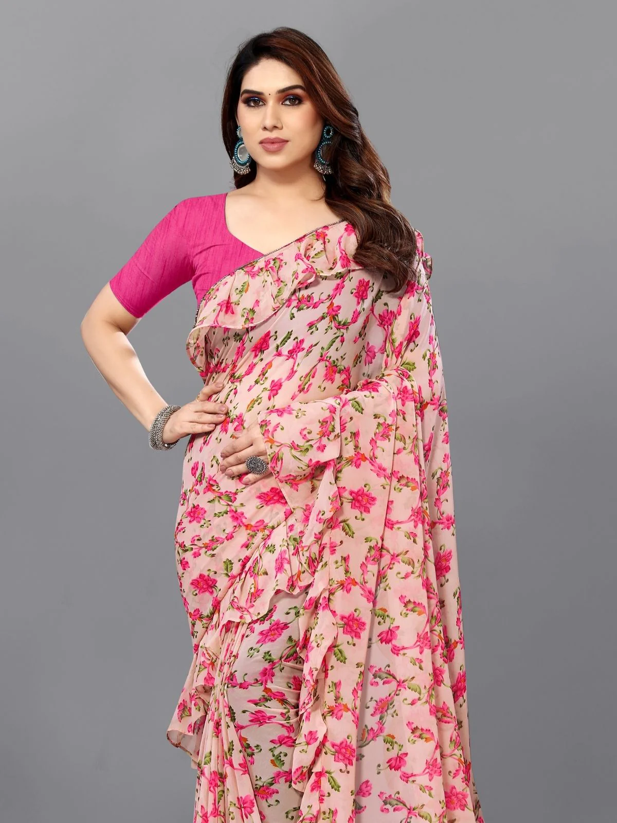 Odette Multicolor Georgette Printed And Ruffle Saree For Women - Image 4