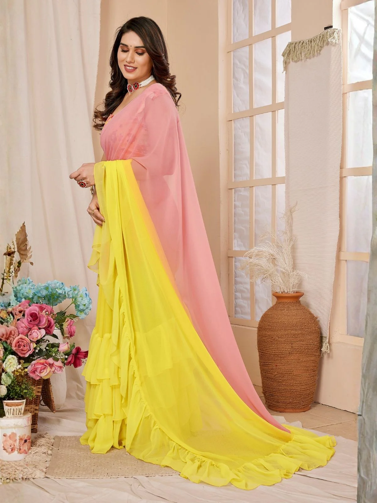 Odette Multicolor Georgette Ruffle Saree For Women - Image 2