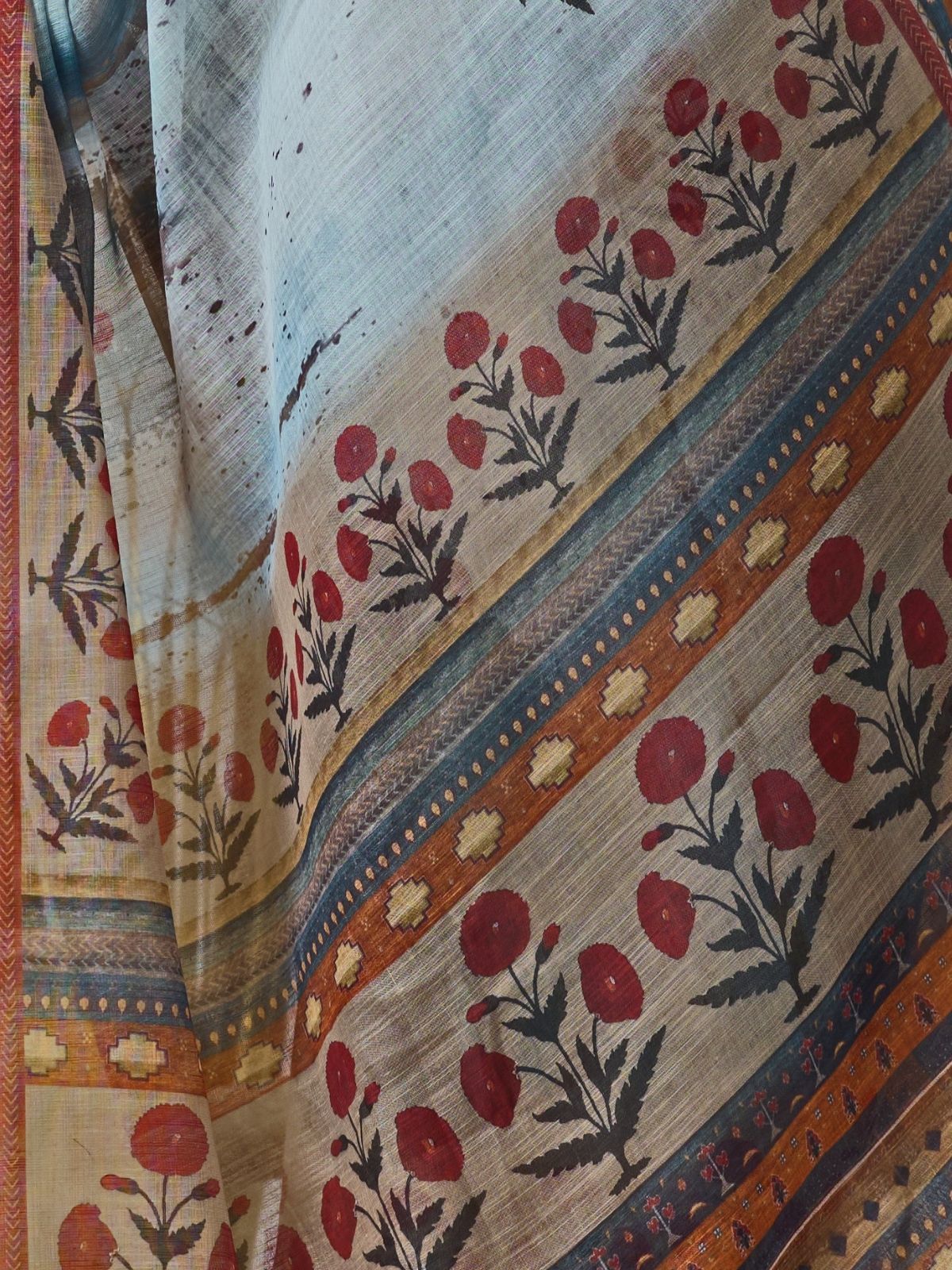 Odette Multicolor Linen Cotton Printed Saree For Women - Image 5