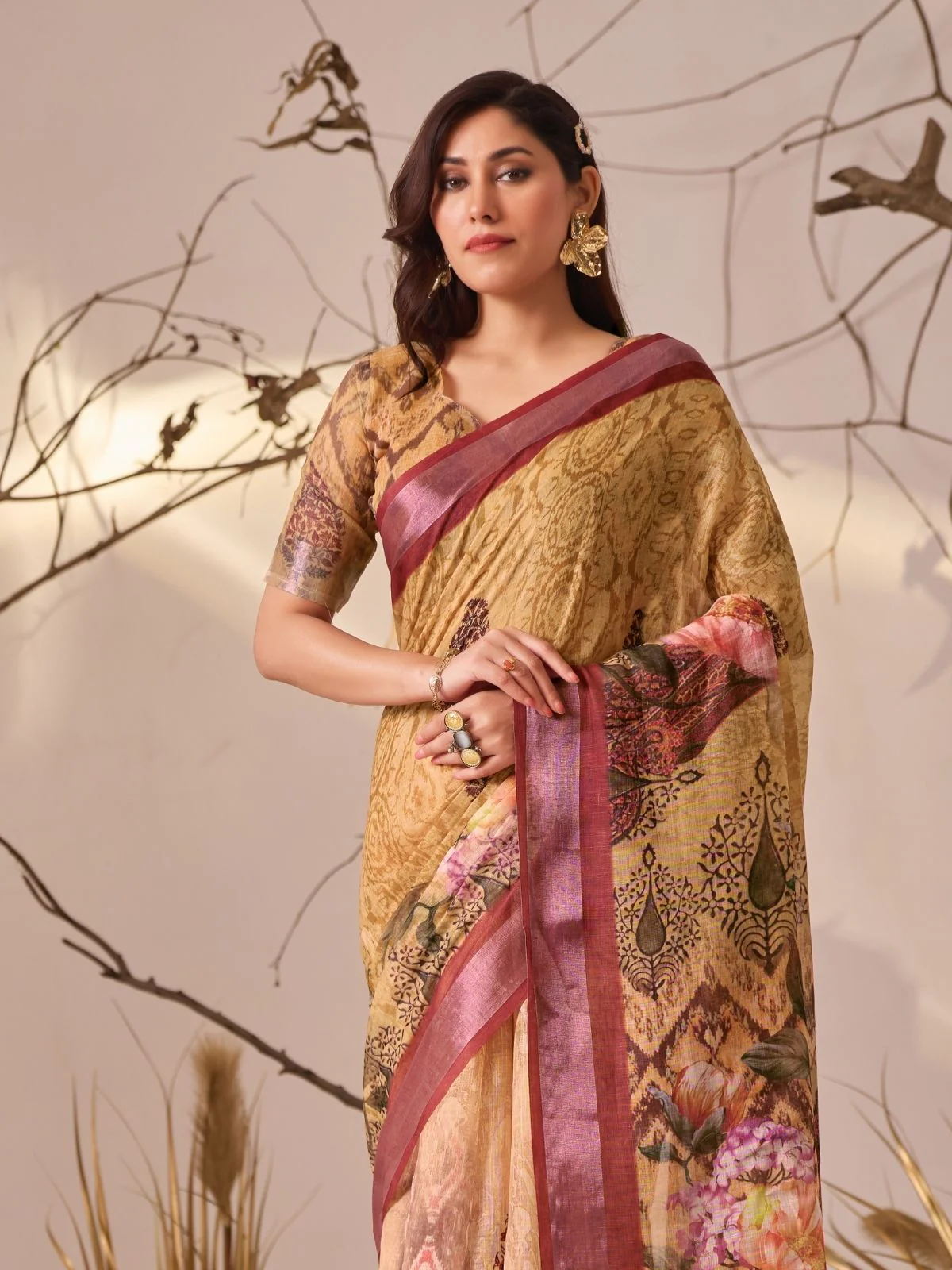 Odette Multicolor Linen Cotton Printed Saree For Women - Image 4