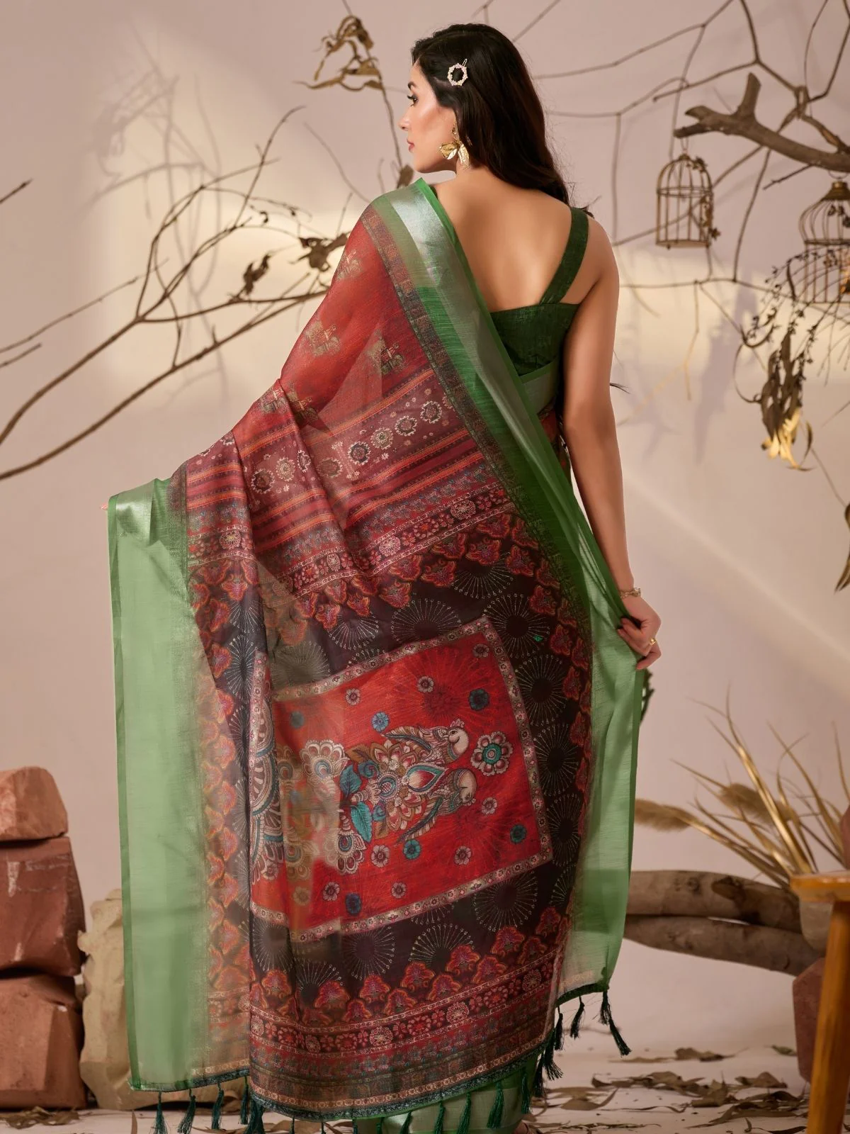 Odette Multicolor Linen Cotton Printed Saree For Women - Image 3