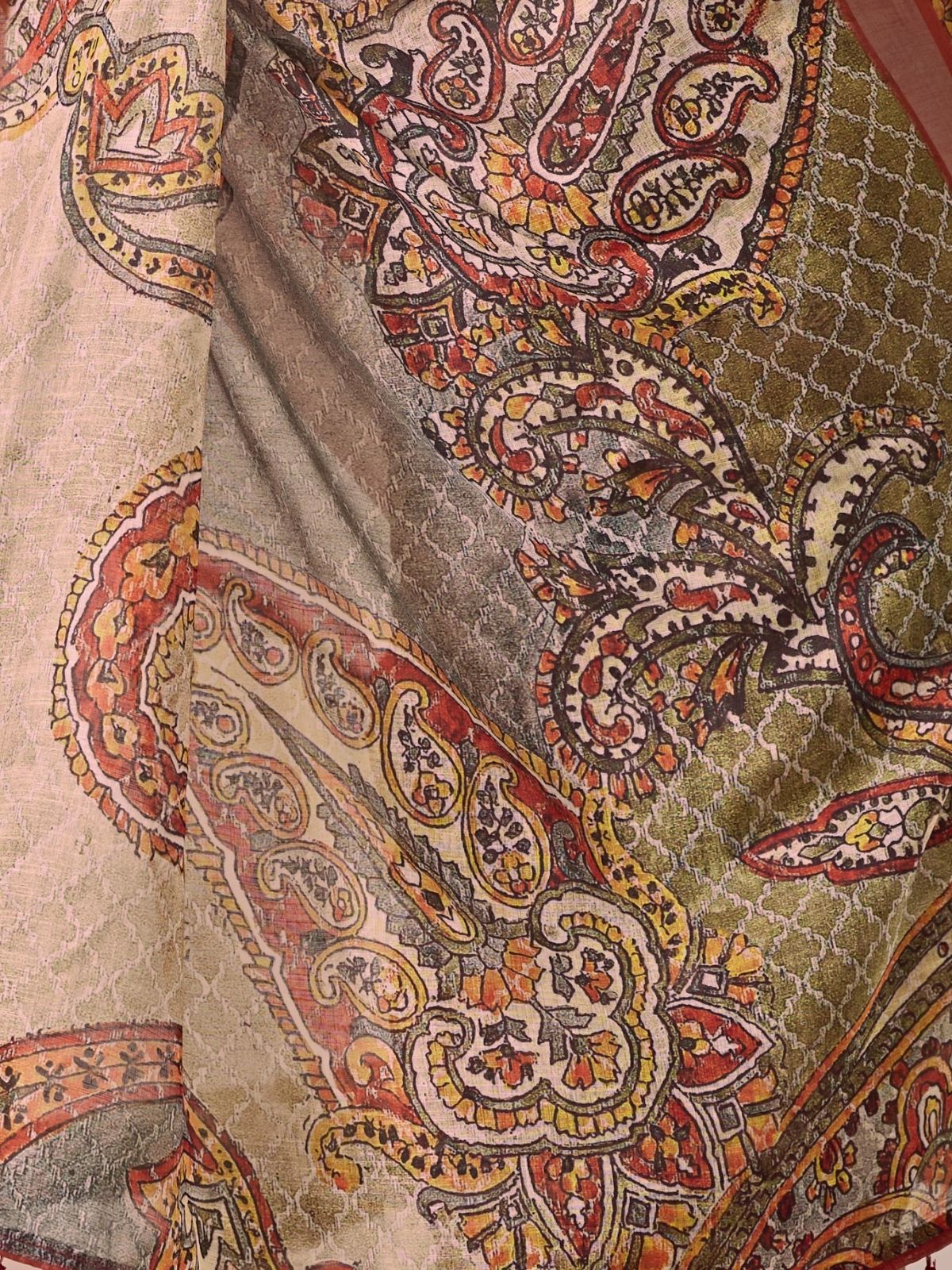 Odette Multicolor  Linen Cotton Printed Saree For Women - Image 5