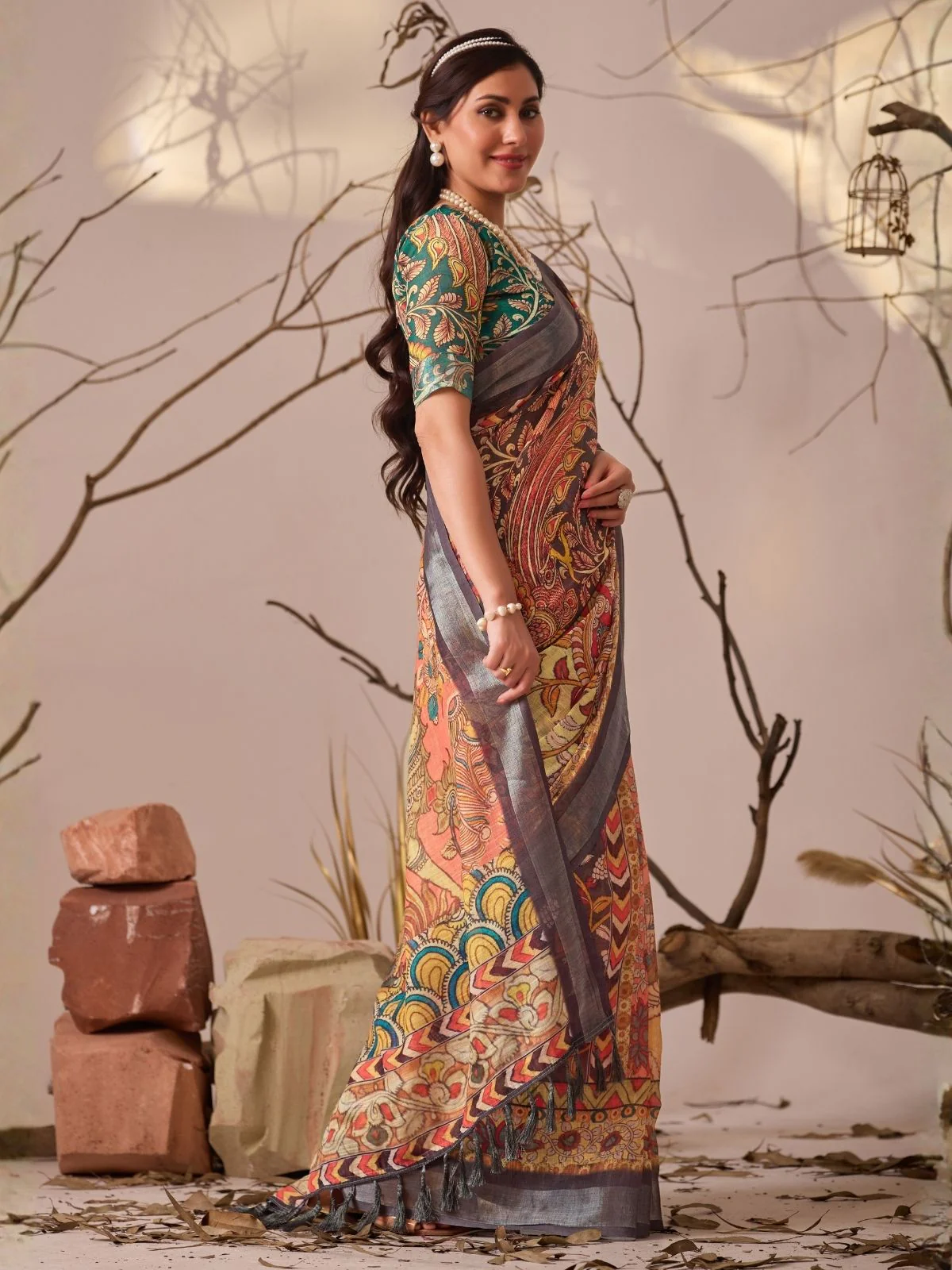 Odette Multicolor Linen Cotton Printed Saree For Women - Image 2