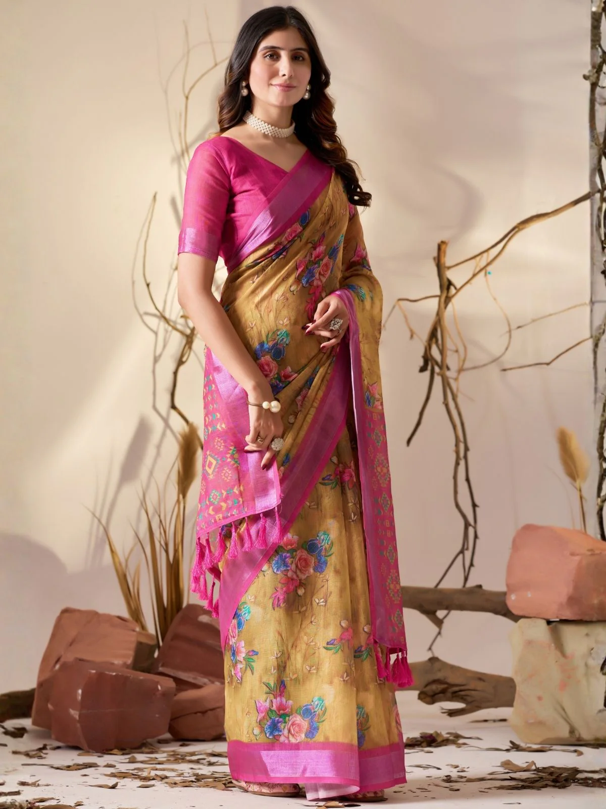 Odette Multicolor Linen Cotton Printed Saree For Women - Image 2