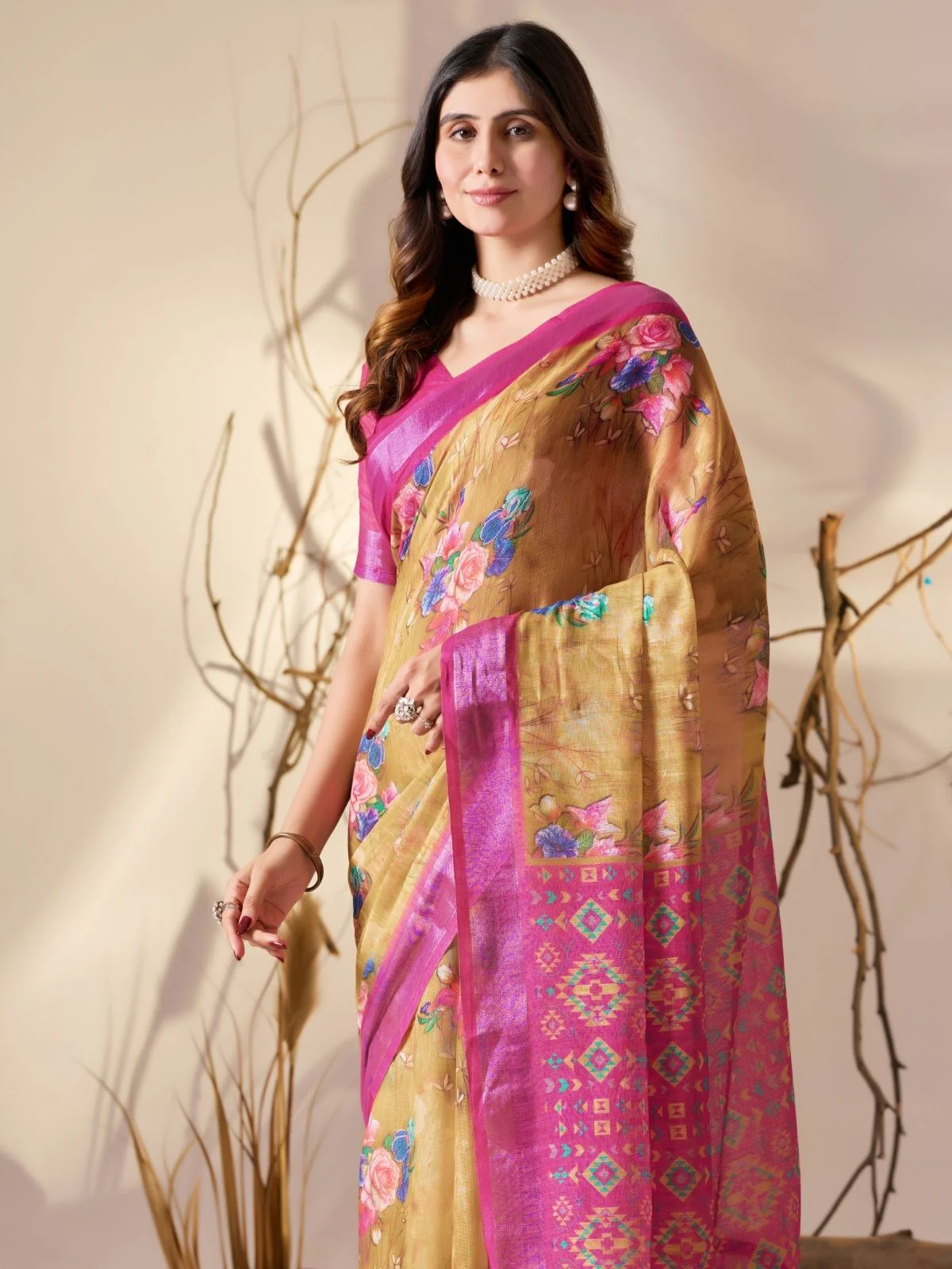 Odette Multicolor Linen Cotton Printed Saree For Women - Image 4