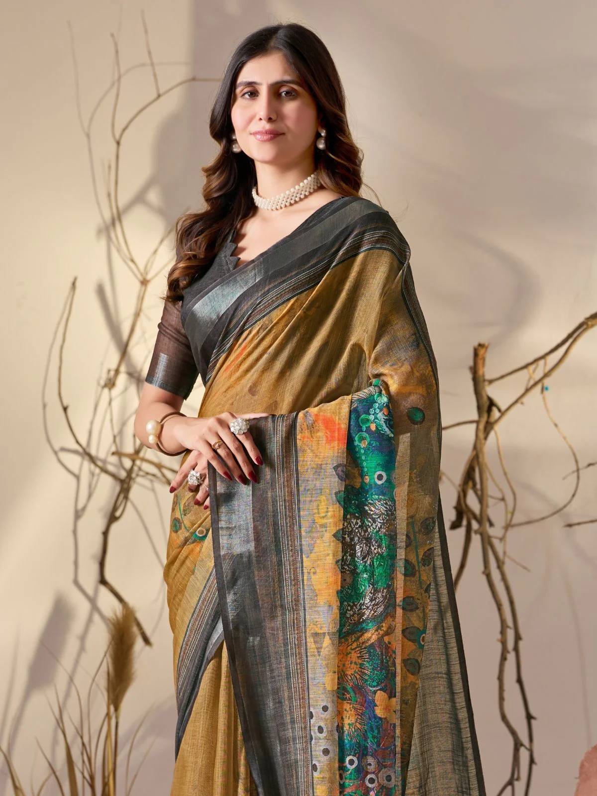 Odette Multicolor Linen Cotton Printed Saree For Women - Image 4