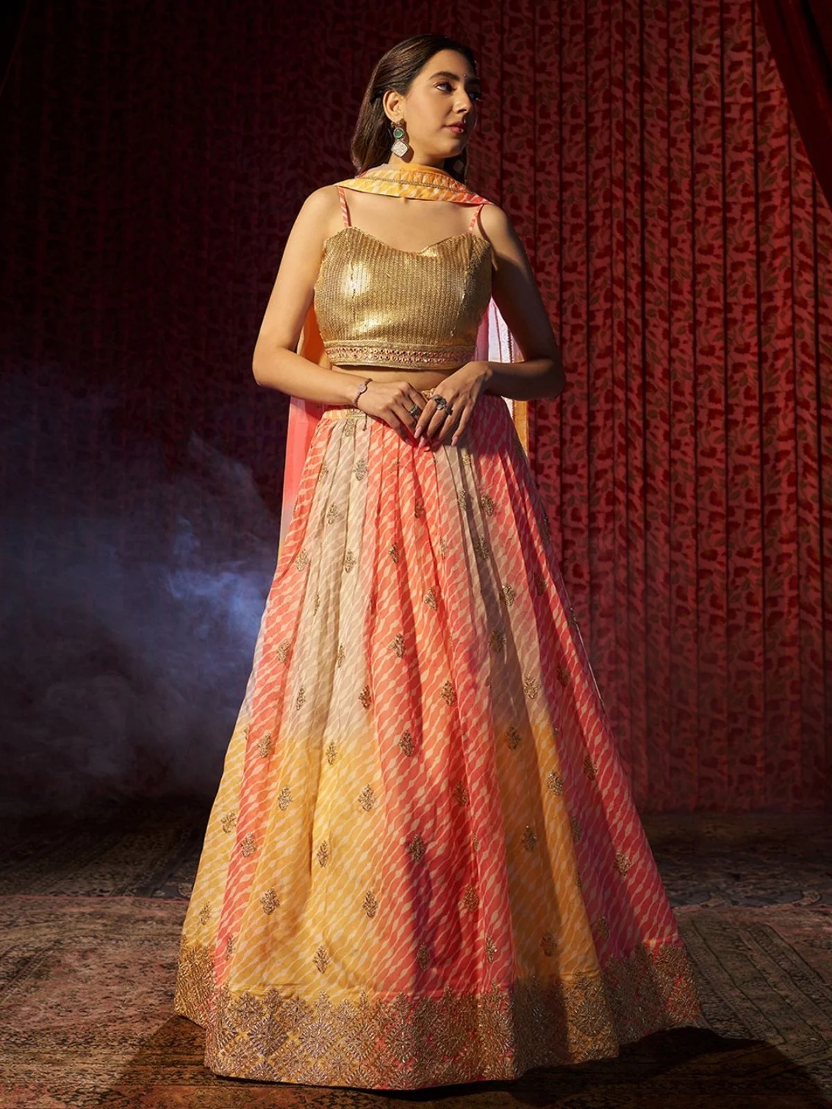 Odette Multicolor Organza Embroidered Semi-Stitched Lehenga For Women - Image 4