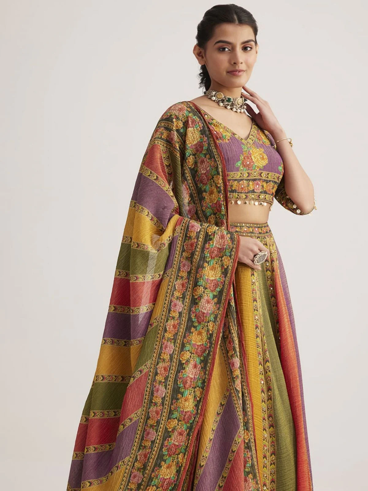 Odette Multicolor Organza Silk Printed Stitched lehenga For Women - Image 3