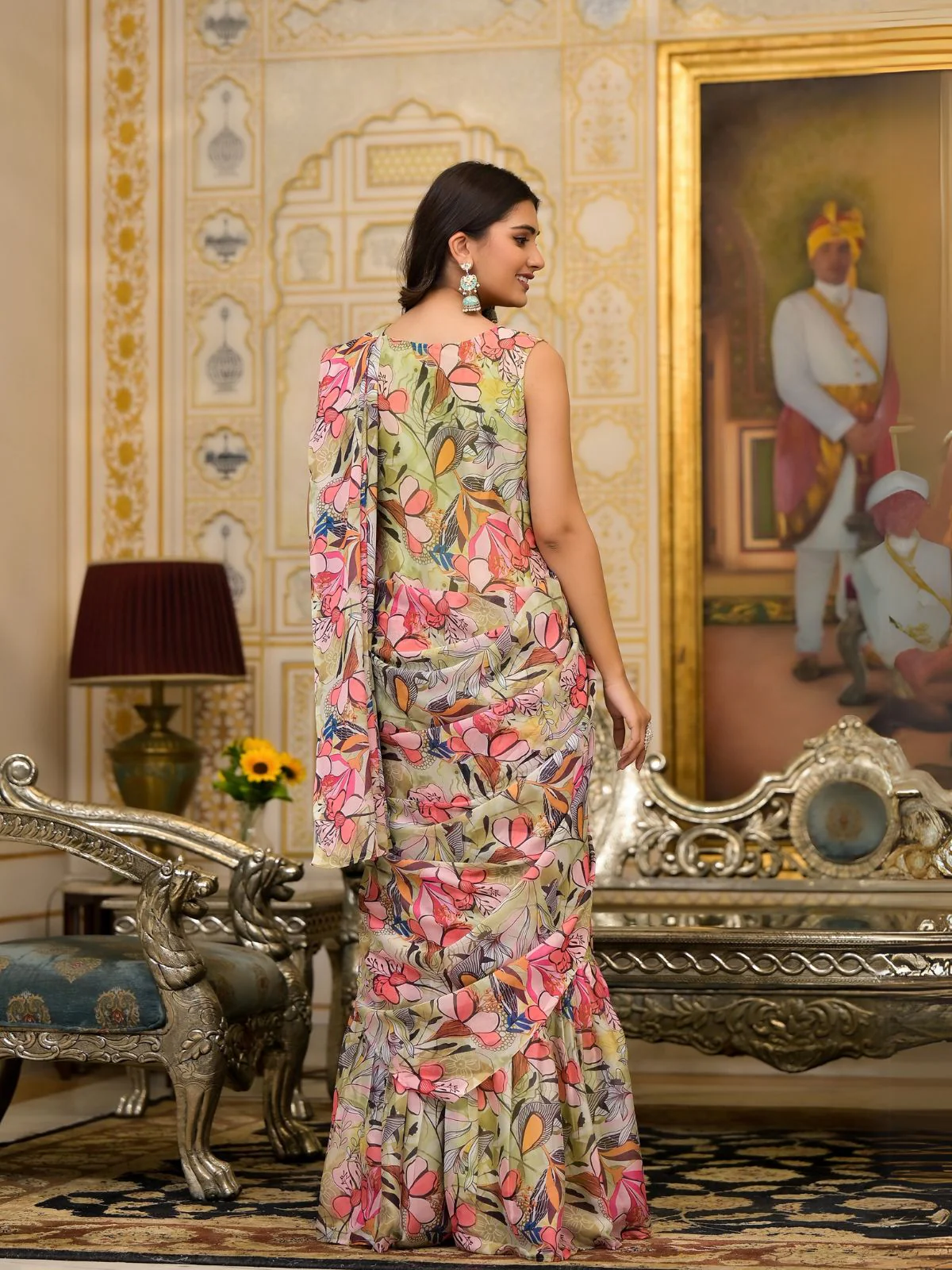 Odette Multicolor Printed Georgette Ready To Wear Saree For Women - Image 3