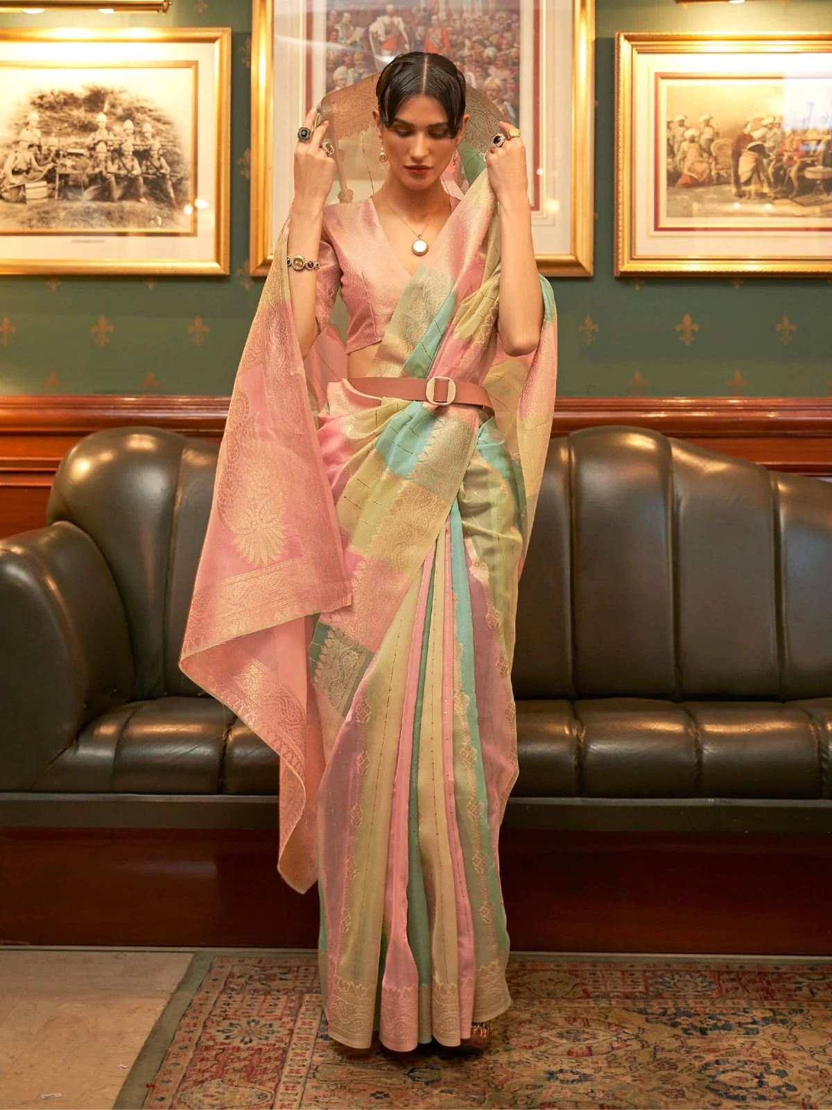 Odette Multicolor Woven Organza Saree With Unstitched Blouse For Women - Image 2
