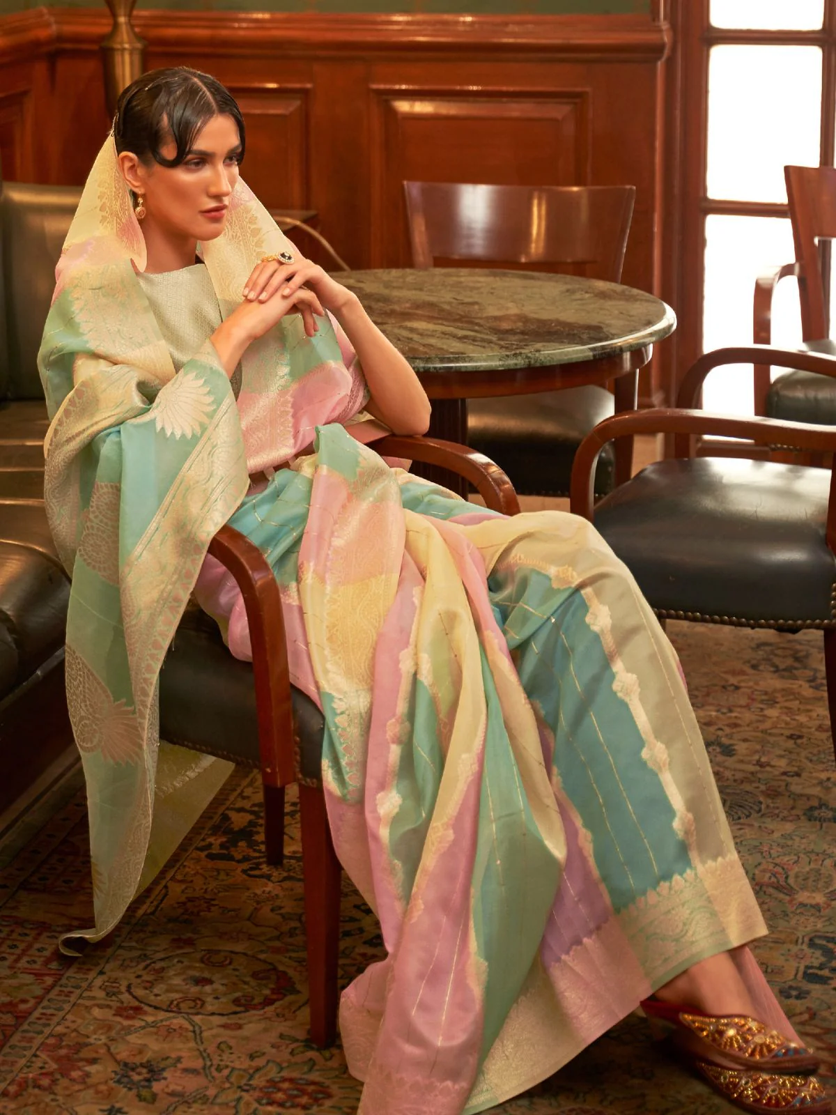 Odette Multicolor Woven Organza Saree With Unstitched Blouse For Women - Image 2