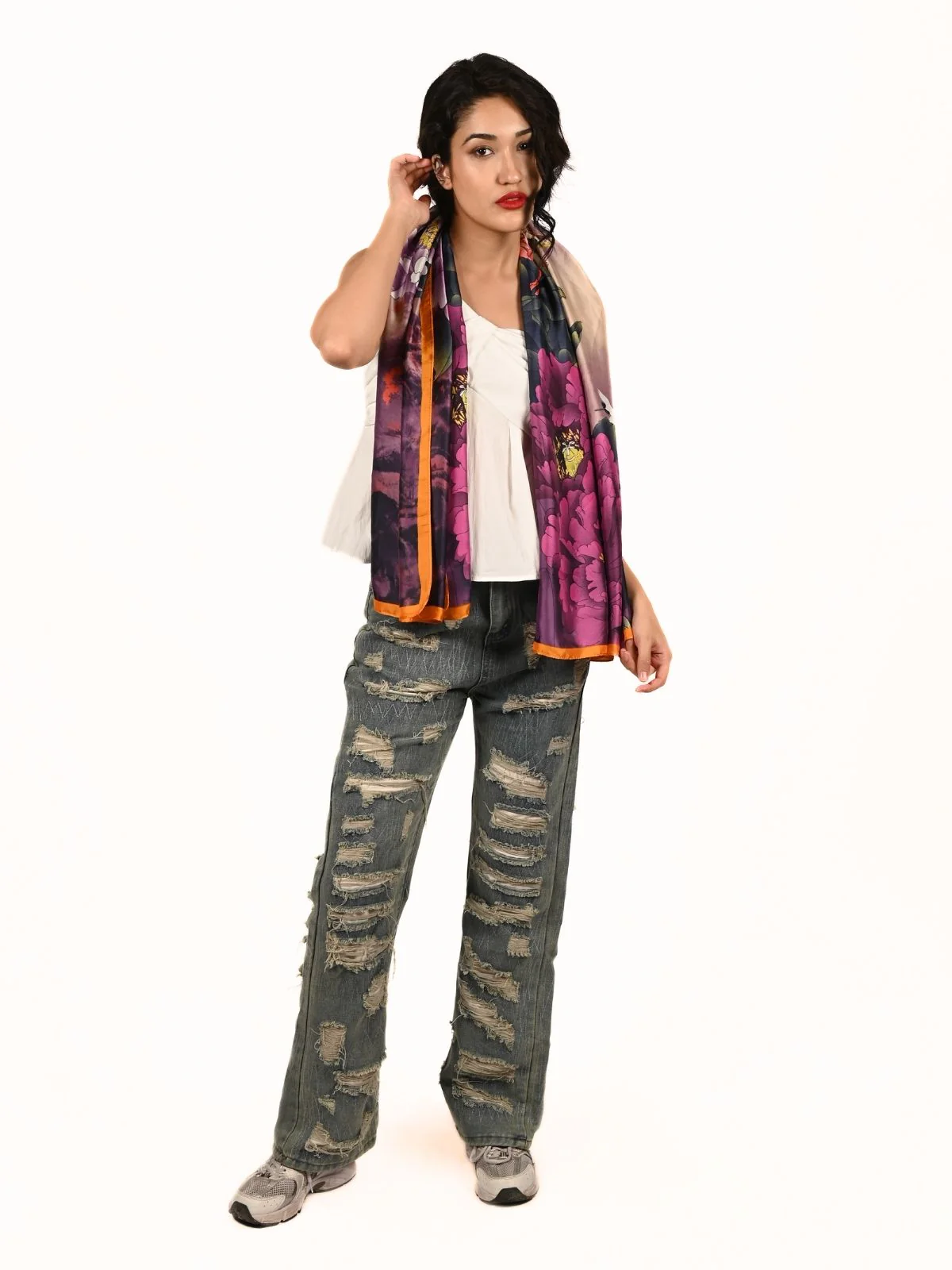 Odette Multicolor Printed Satin Scarf For Women - Image 2