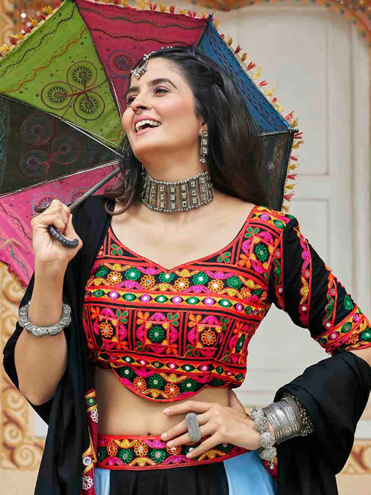 Odette Multicolor Rayon Embroidered Stitched Lehenga With Blouse For Women - Image 3