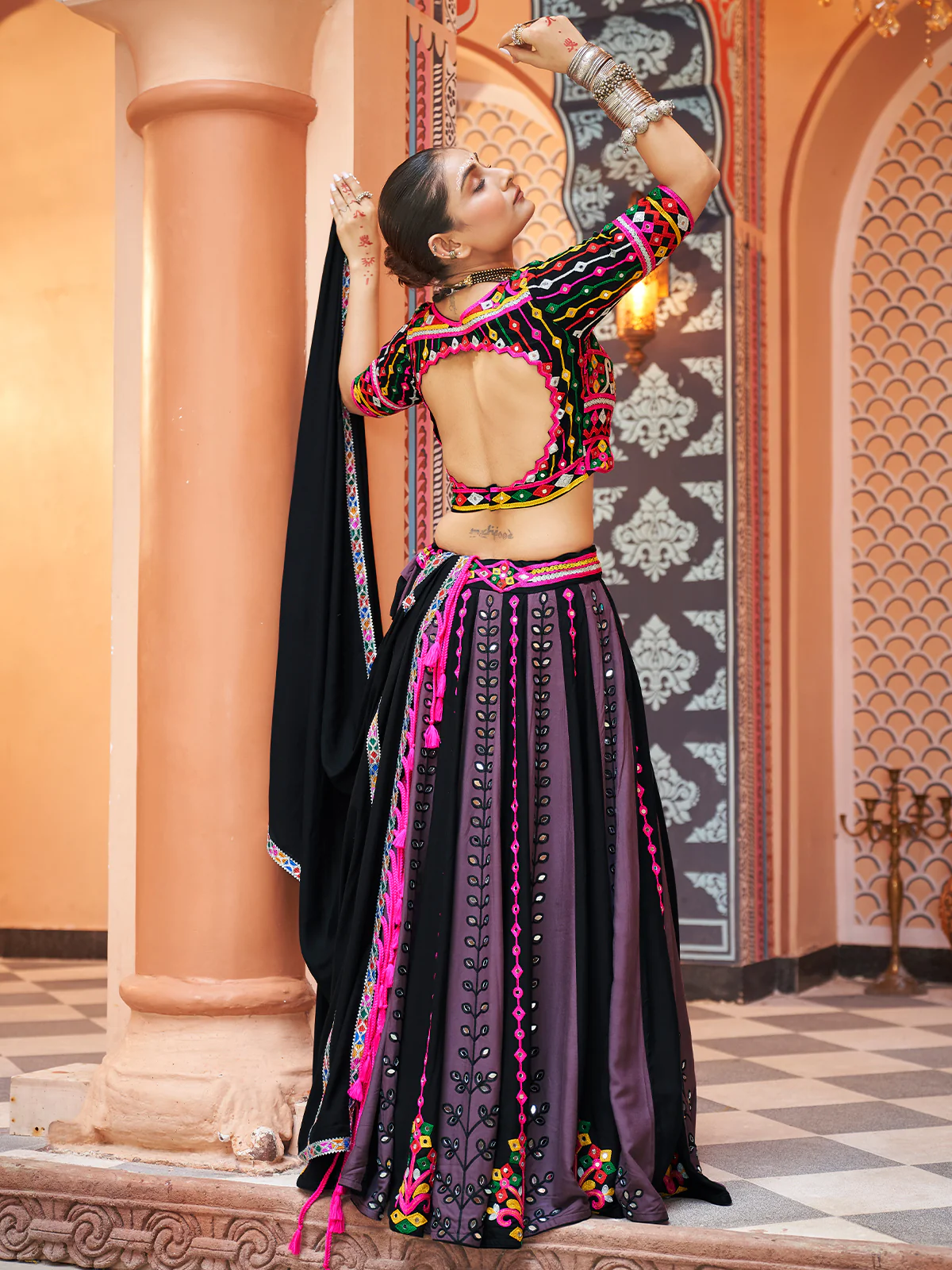 Odette Multicolor Rayon Embroidered Stitched Lehenga With Blouse For Women - Image 3