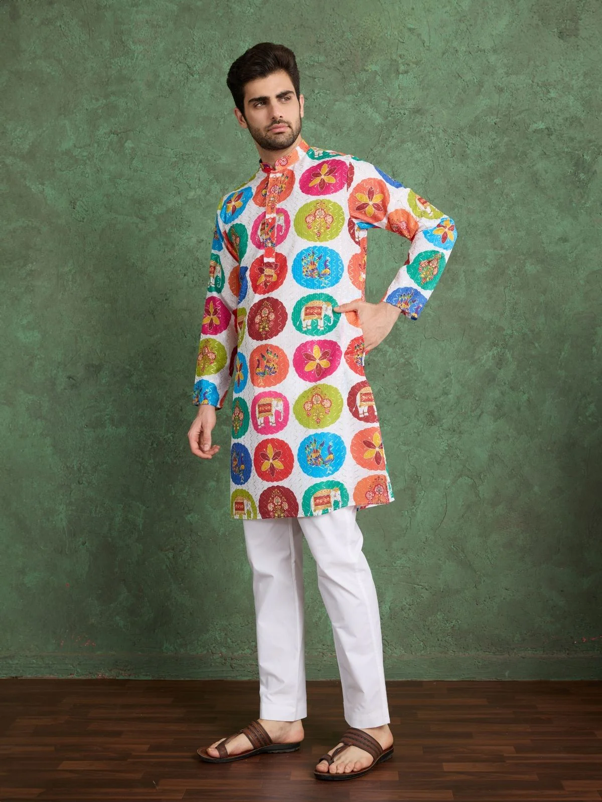 Odette Multicolor Rayon Printed and Embroidered Stitched Kurta For Men - Image 2