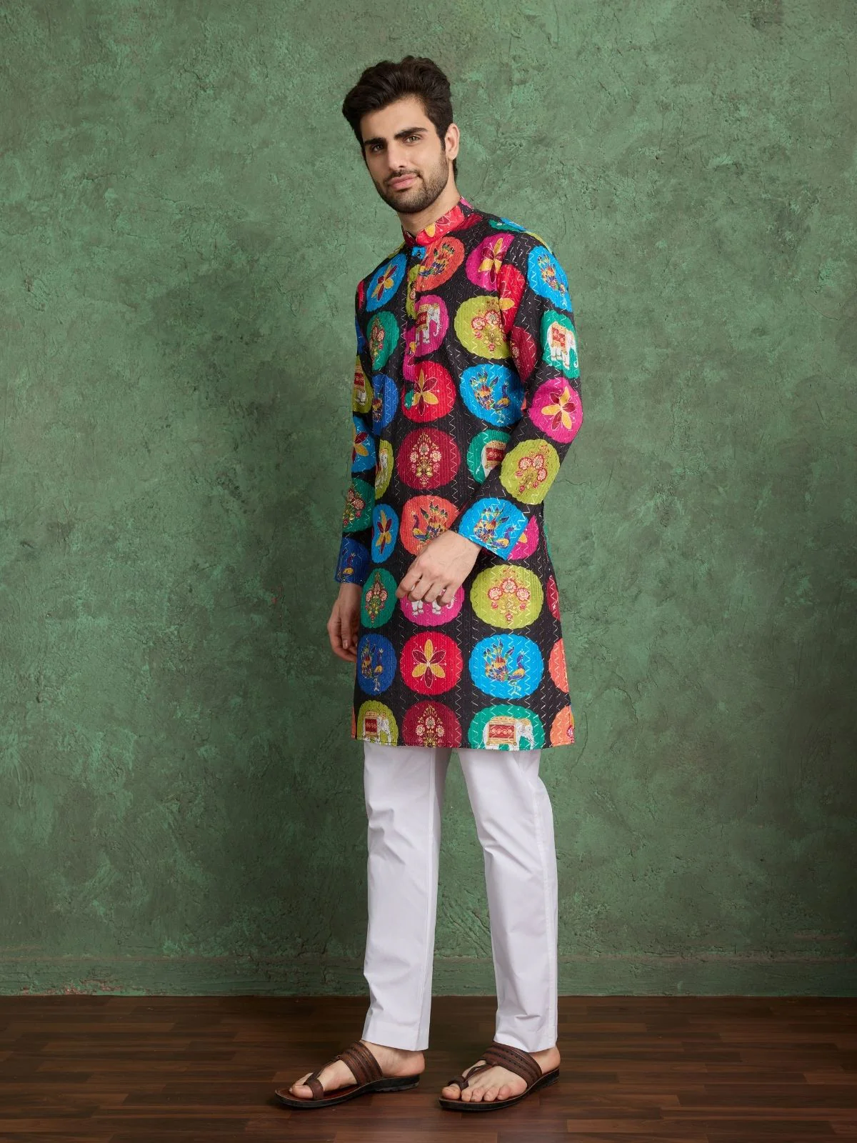 Odette Multicolor Rayon Printed and Embroidered Stitched Kurta For Men - Image 3
