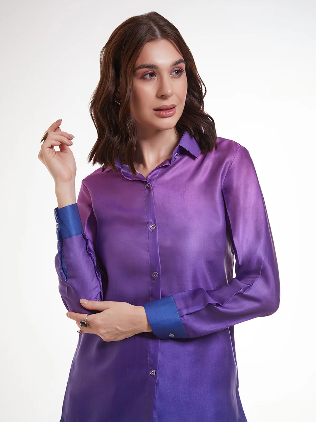 Odette Blue And Purple Satin Printed Co Ord Set For Women - Image 6