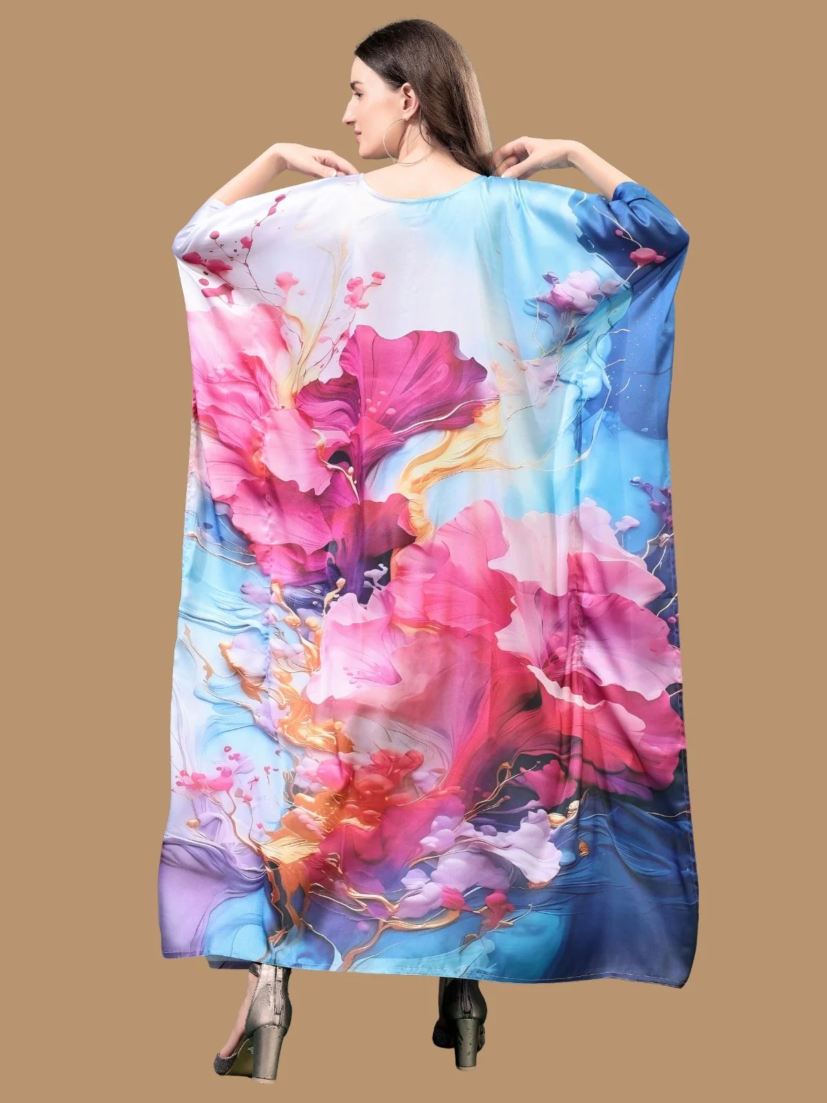 Odette Multicolor Satin Printed Kaftan For Women - Image 3