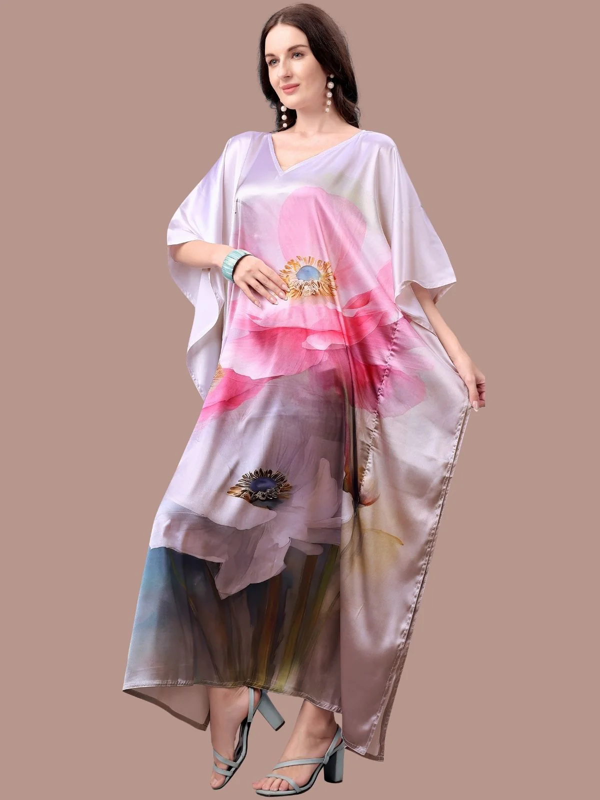 Odette Multicolor Satin Printed Kaftan For Women - Image 2