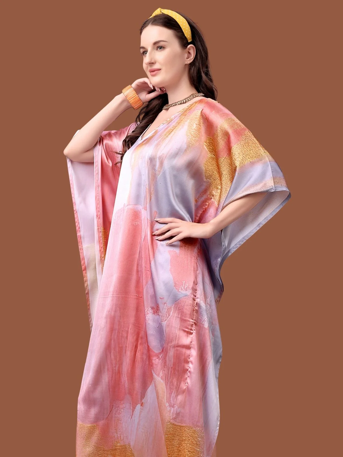 Odette Multicolor Satin Printed Kaftan For Women - Image 4