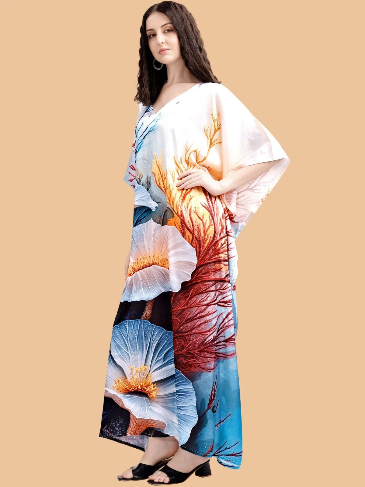 Odette Multicolor Satin Printed Kaftan For Women - Image 2