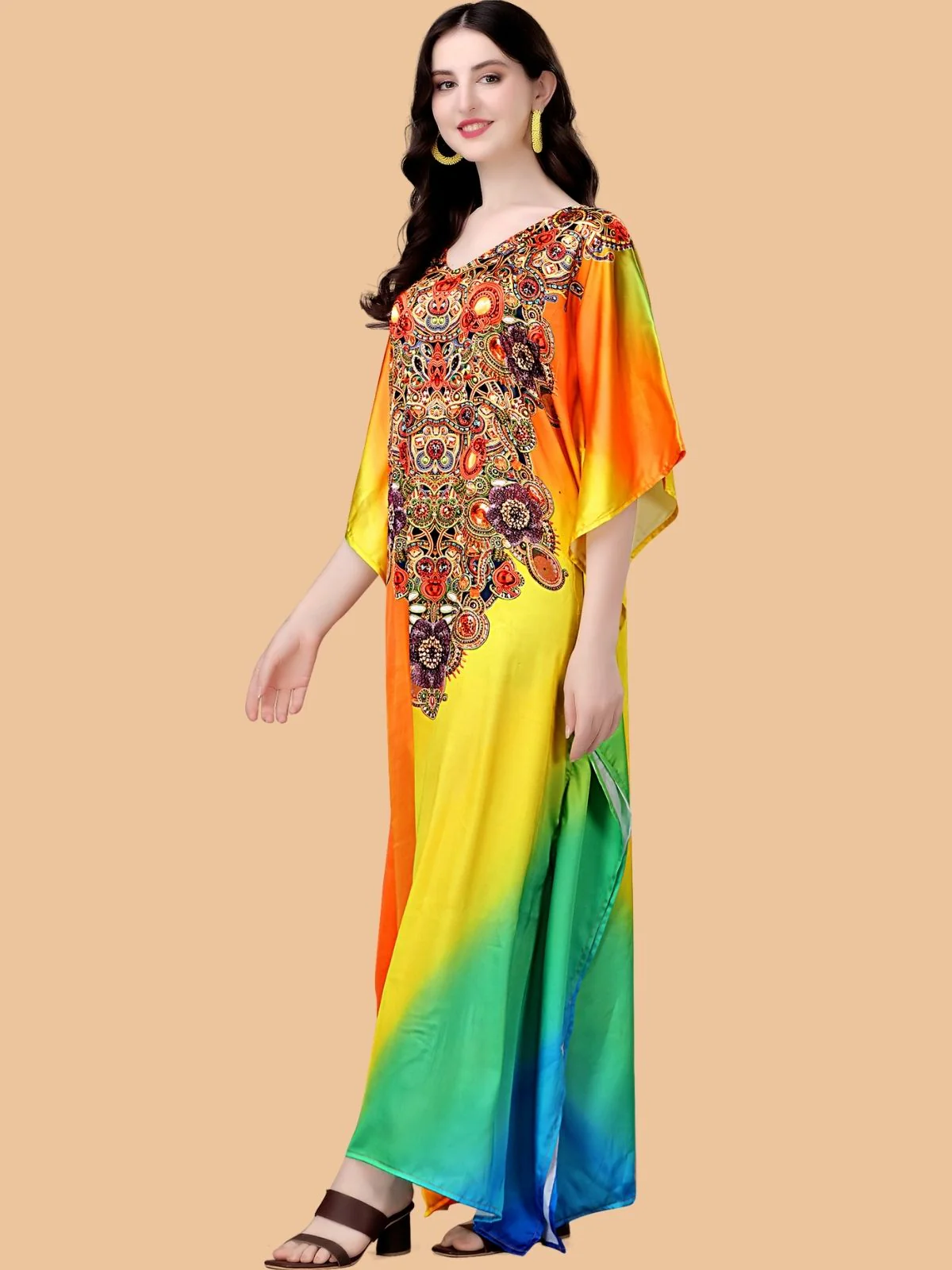 Odette Multicolor Satin Printed Kaftan For Women - Image 2