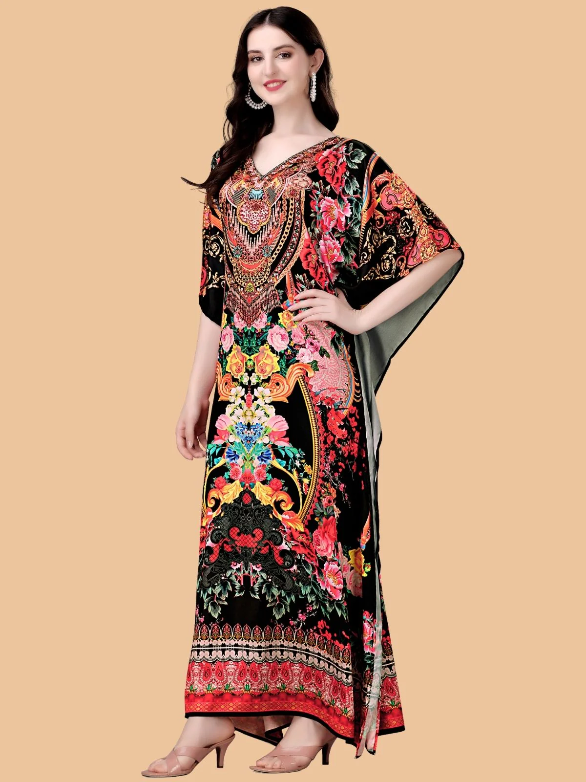 Odette Multicolor Satin Printed Kaftan For Women - Image 2