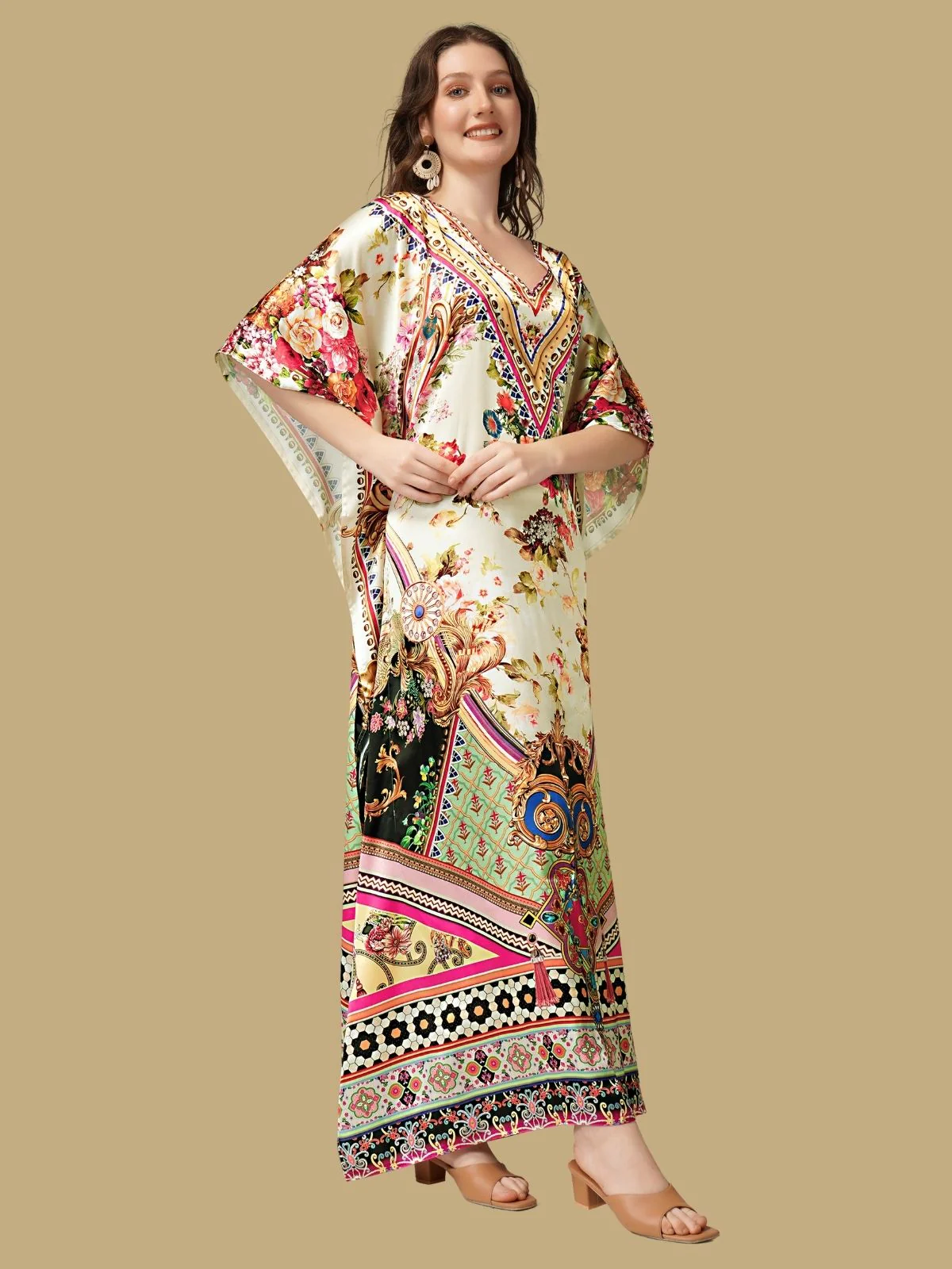 Odette Multicolor Satin Printed Kaftan For Women - Image 2