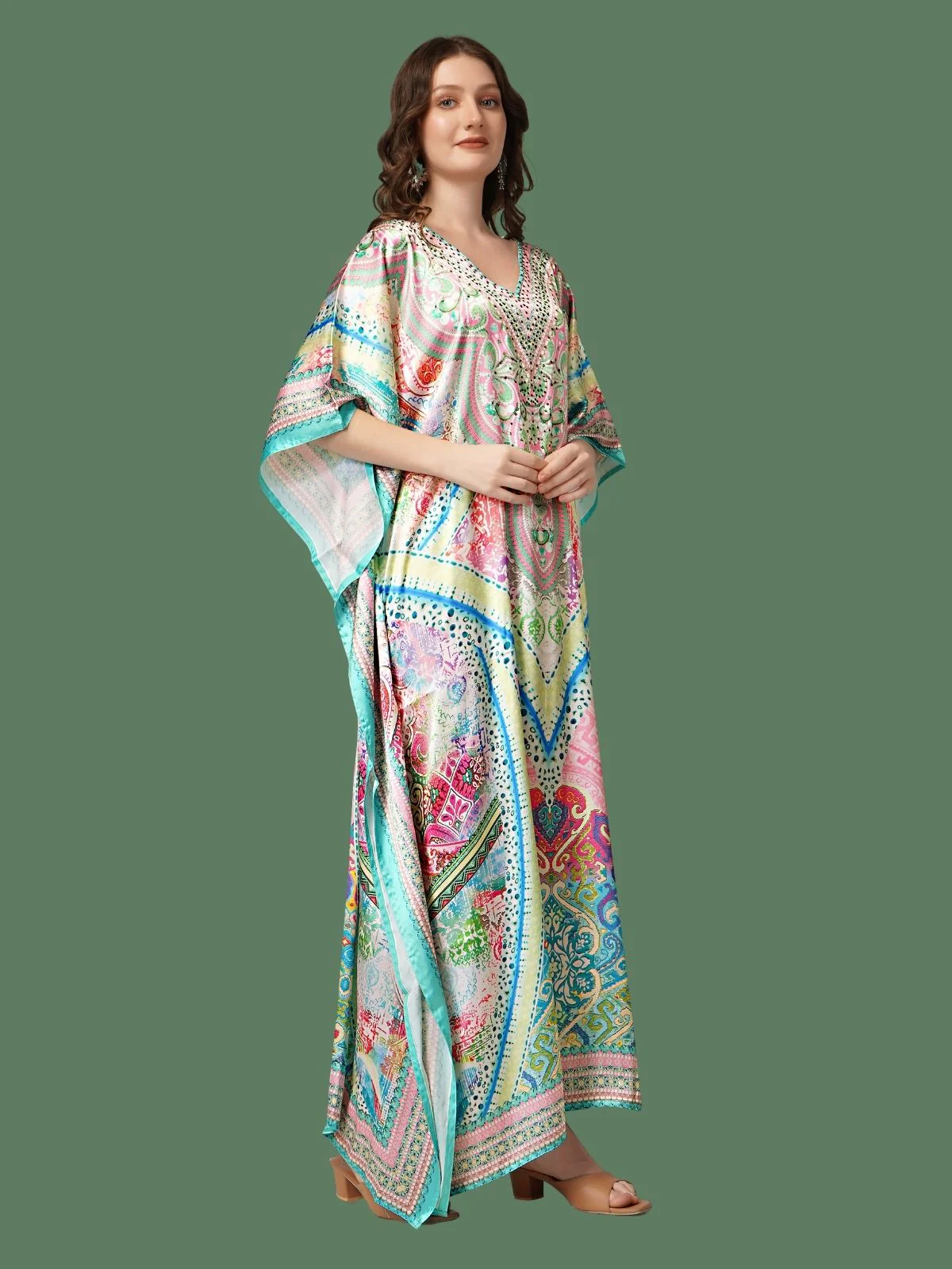 Odette Multicolor Satin Printed Kaftan For Women - Image 2