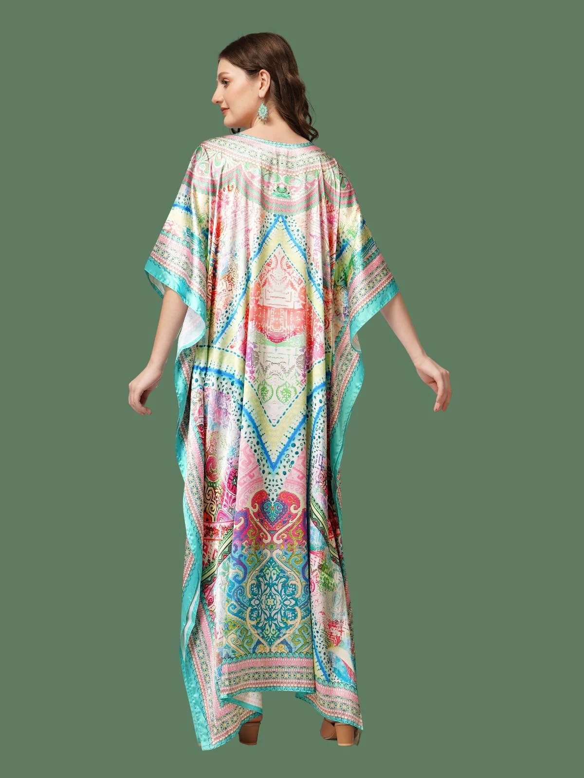 Odette Multicolor Satin Printed Kaftan For Women - Image 3