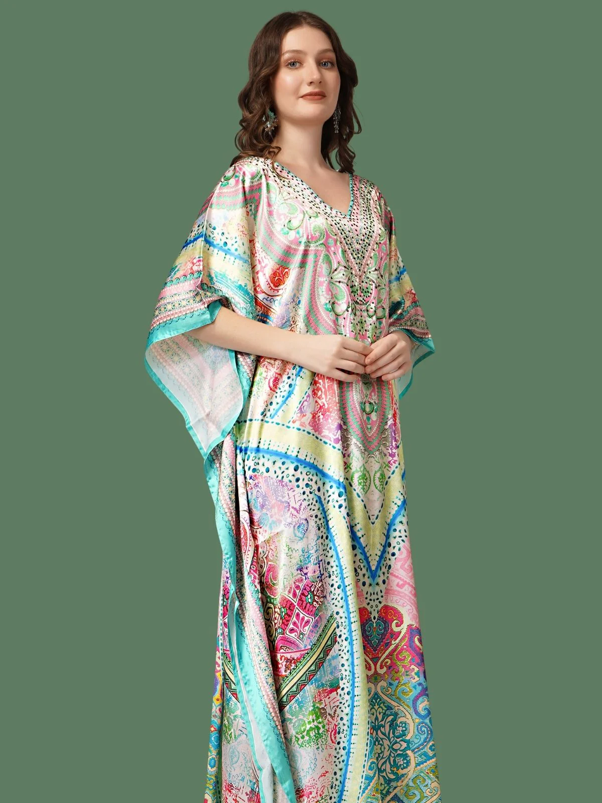 Odette Multicolor Satin Printed Kaftan For Women - Image 4