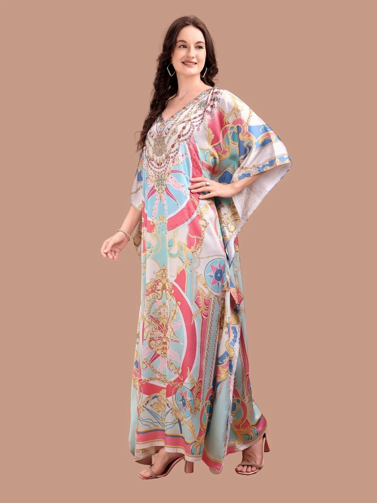 Odette Multicolor Satin Printed Kaftan For Women - Image 2