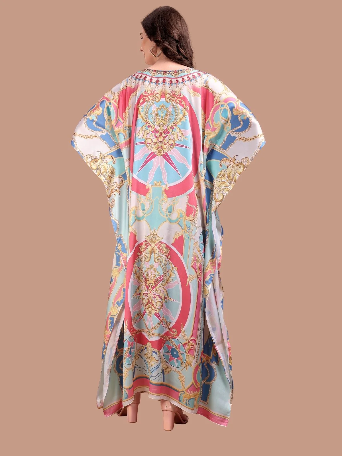 Odette Multicolor Satin Printed Kaftan For Women - Image 3
