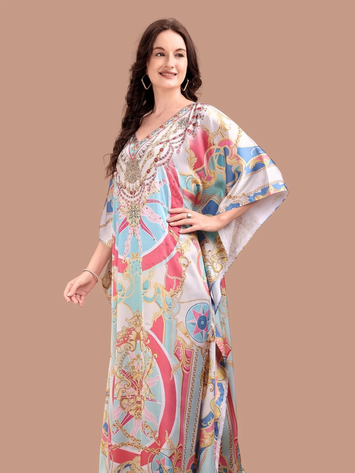 Odette Multicolor Satin Printed Kaftan For Women - Image 4