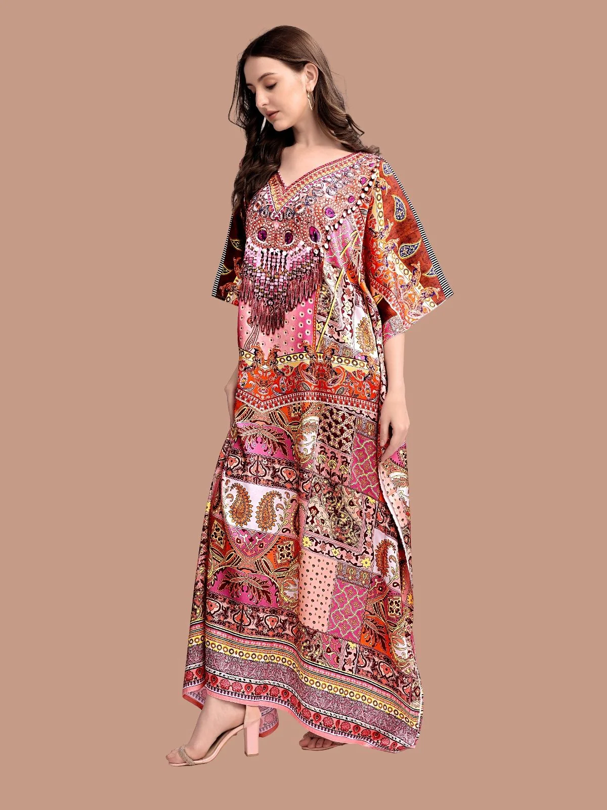 Odette Multicolor Satin Printed Kaftan For Women - Image 2