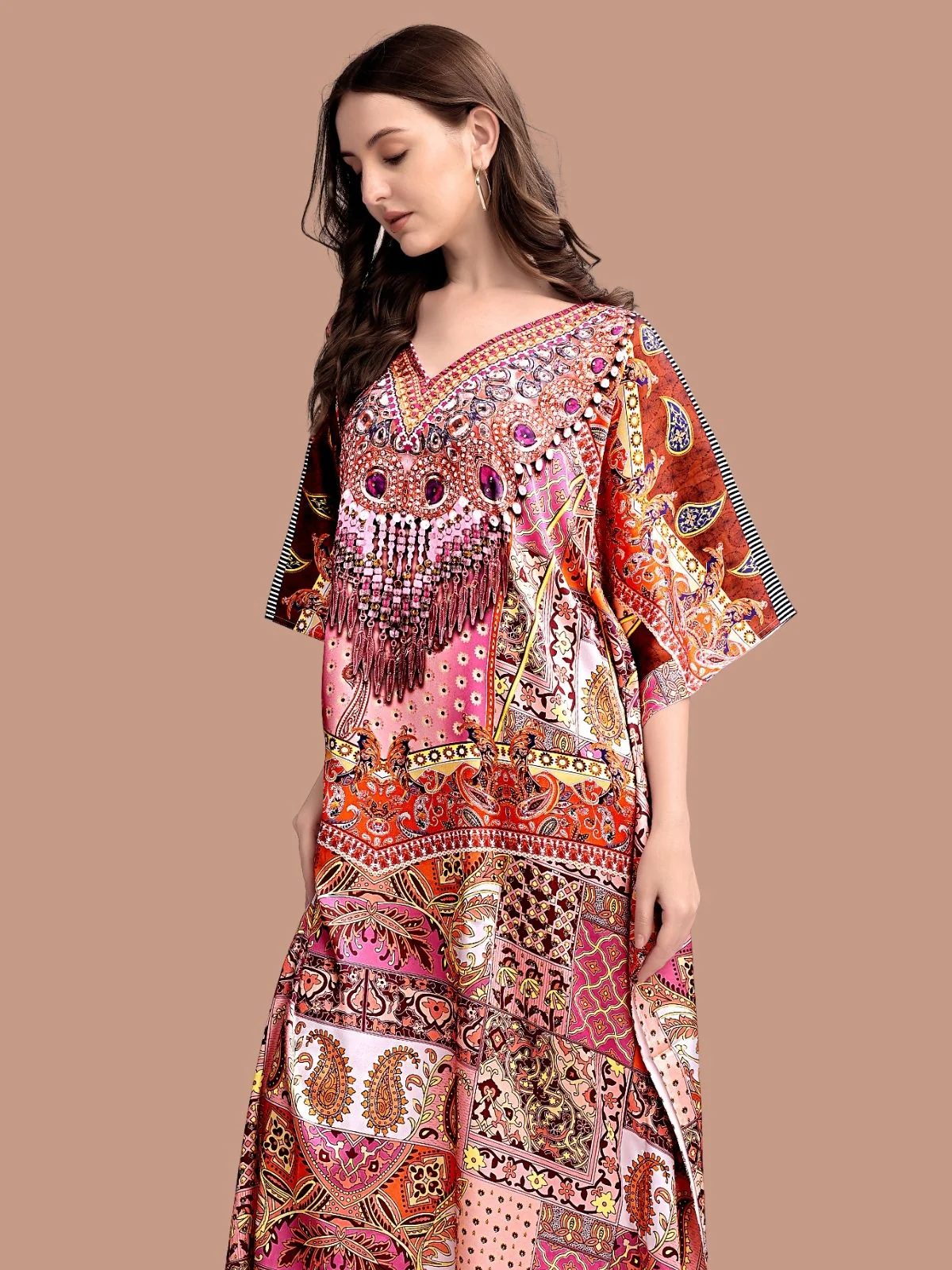 Odette Multicolor Satin Printed Kaftan For Women - Image 4