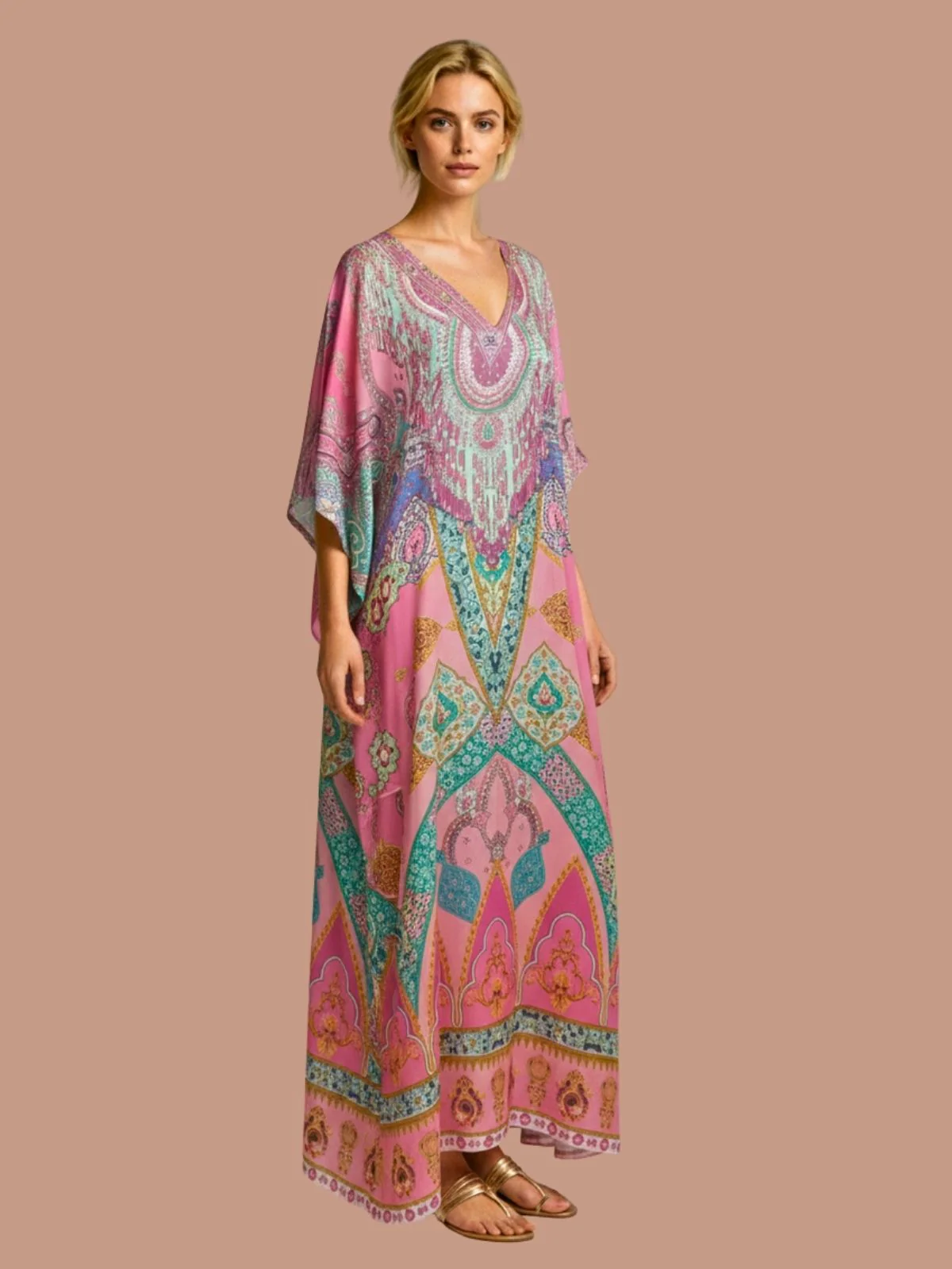 Odette Multicolor Satin Printed Kaftan For Women - Image 2