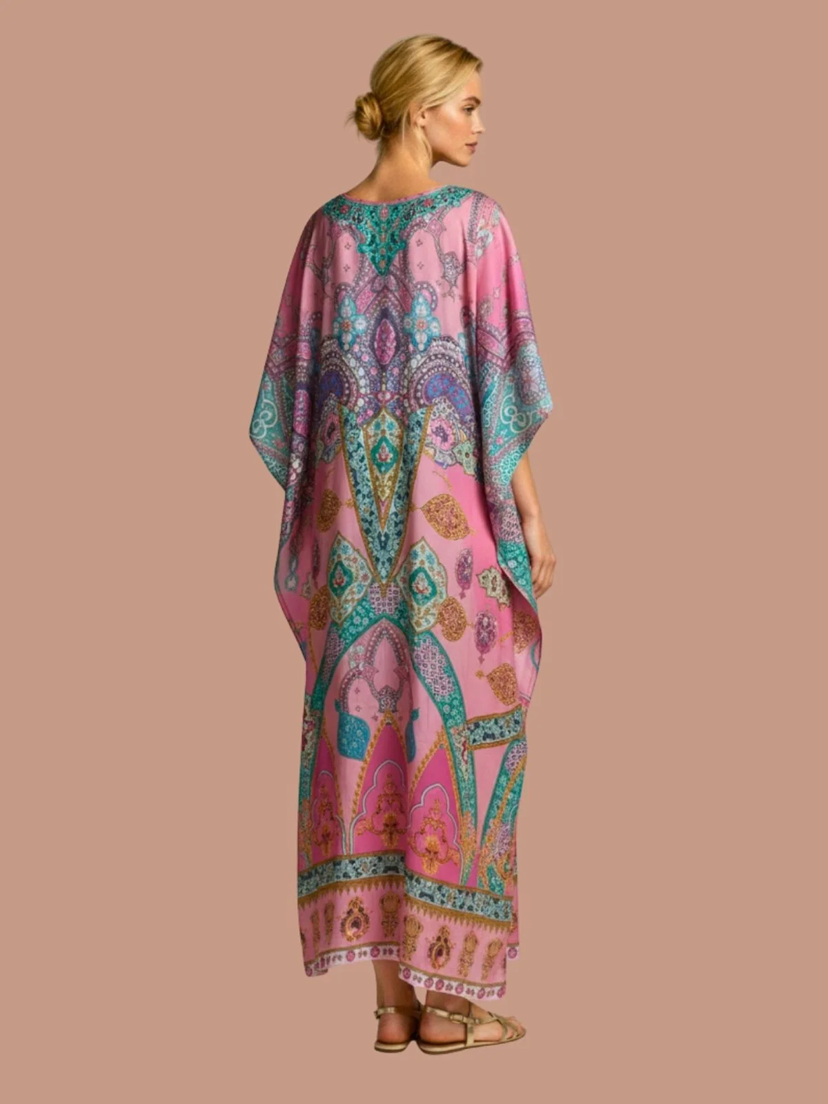 Odette Multicolor Satin Printed Kaftan For Women - Image 3