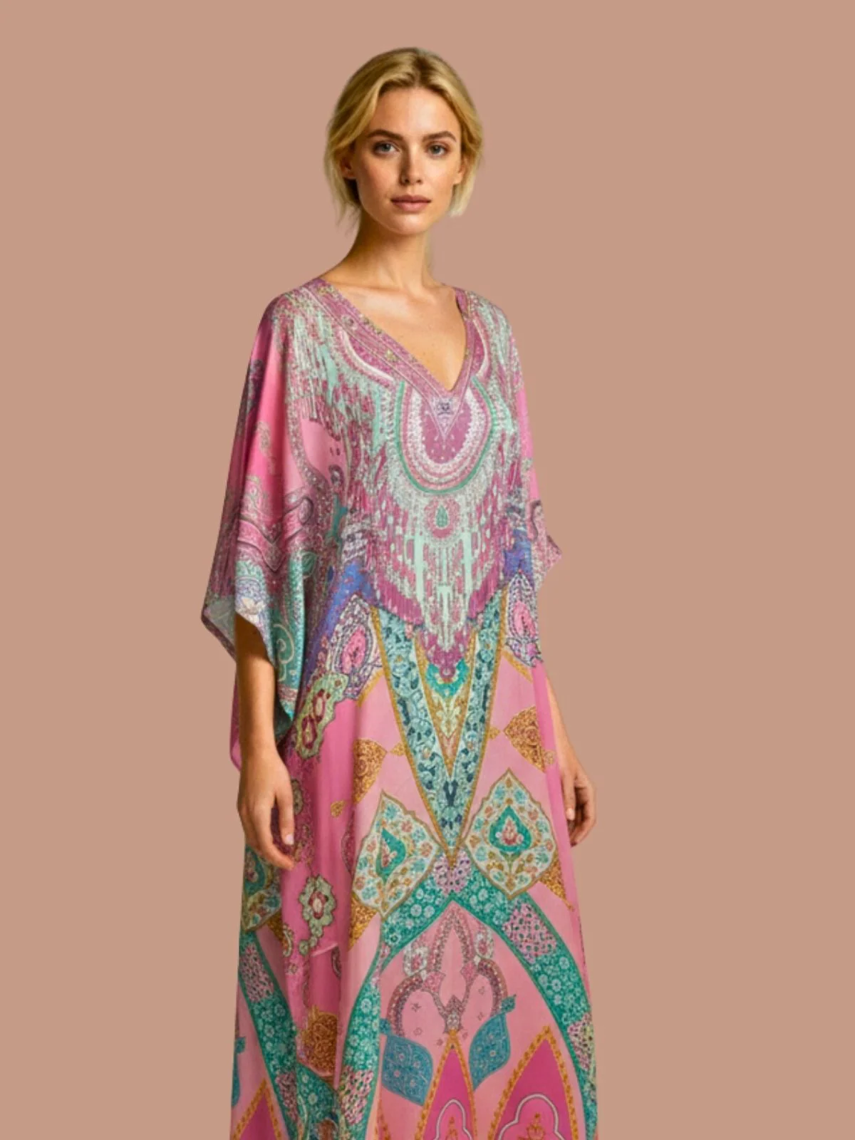 Odette Multicolor Satin Printed Kaftan For Women - Image 4